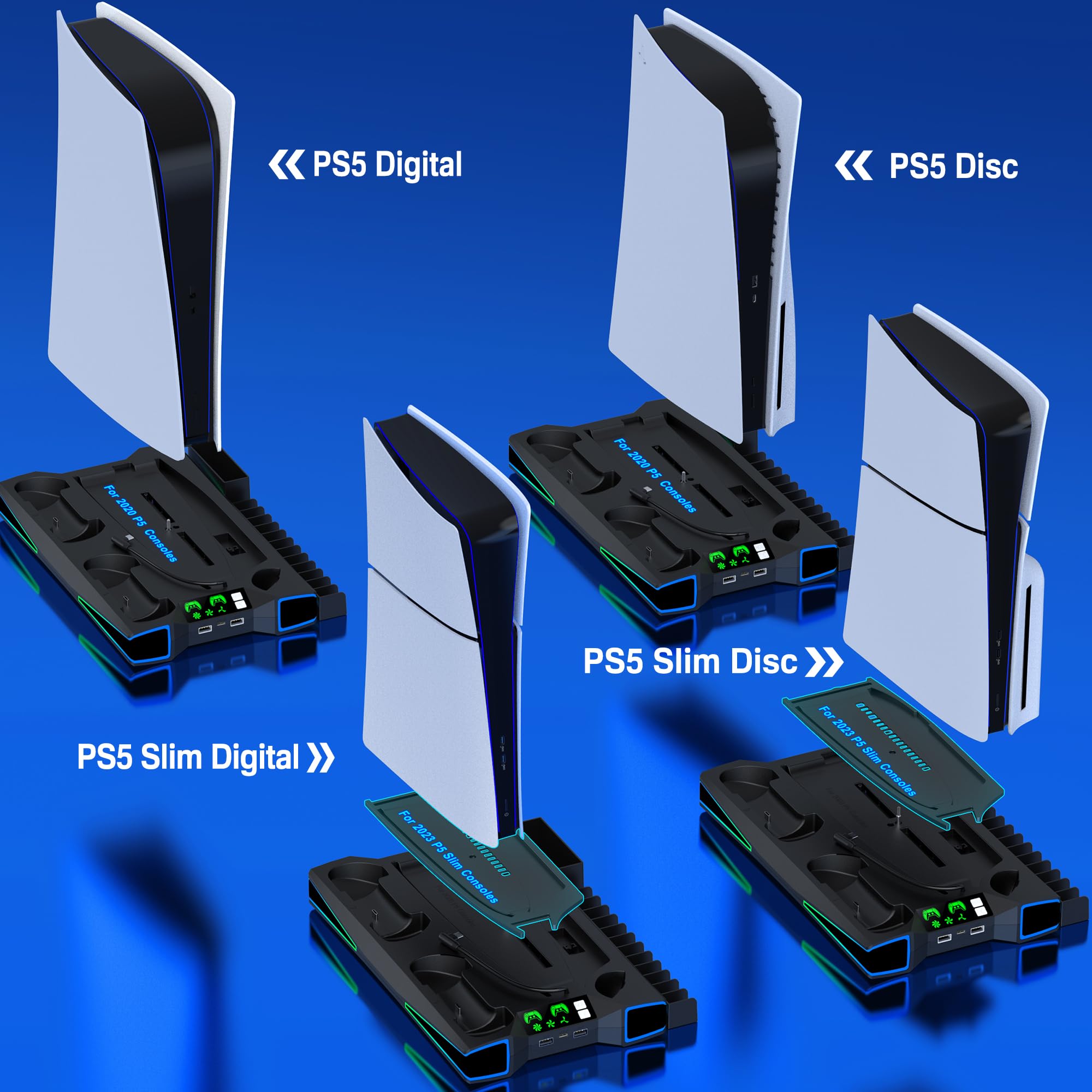 Supporto PS5 con ventola regolabile automaticamente a 3 livelli per controller PS5, stazione di ricarica/gancio per cuffie, PS5 Slim Base accessori con effetti di luce RGB per PS5 Slim Disc & console