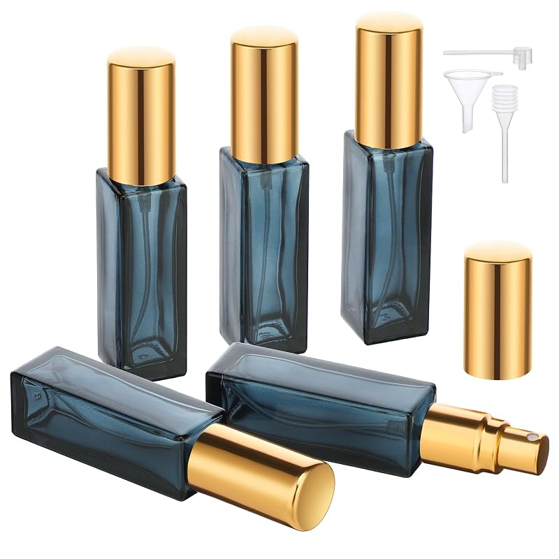 Segbeauty Conjunto com 5 frascos atomizadores recarregáveis para perfume, 10 mL, vidro, azul e dourado