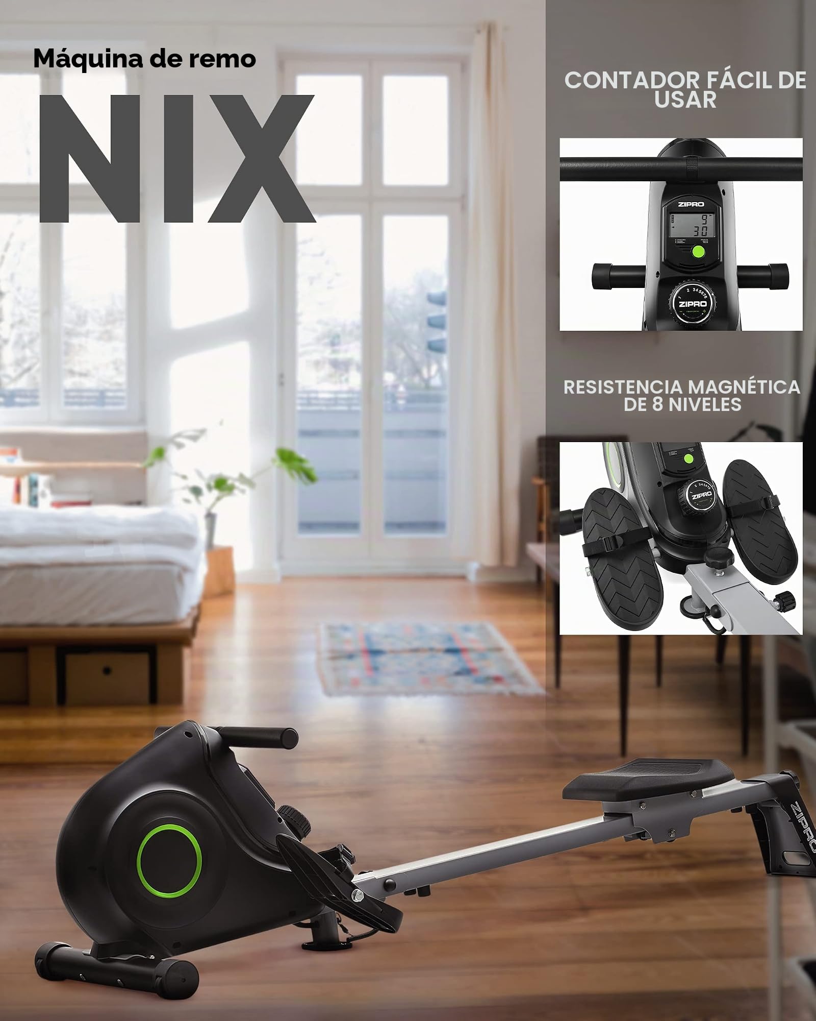 ZIPRO Máquina de Remo para casa Plegable Nix, LCD Pantalla, Ajuste de Resistencia, aplicación Fitshow, USB, Bluetooth, 100kg