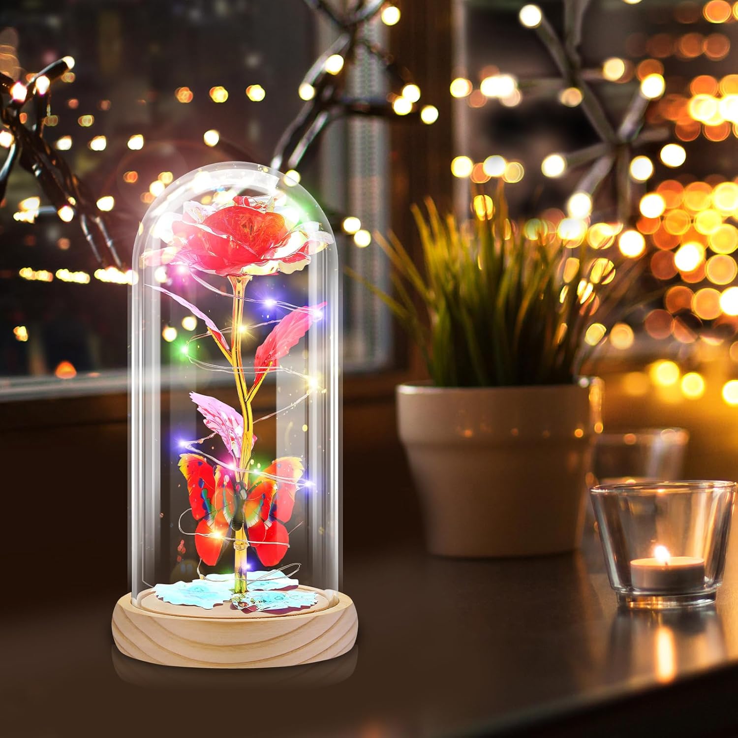 Otlonpe Preserved Forever Valentines Day Flower Gifts for Her, Glass Rose Wood Base Colored Light Butterfly Gifts for Women Mom Grandma Girlfriend Wife, Valentines Mothers Day Christmas Birthday Gift - Image 2