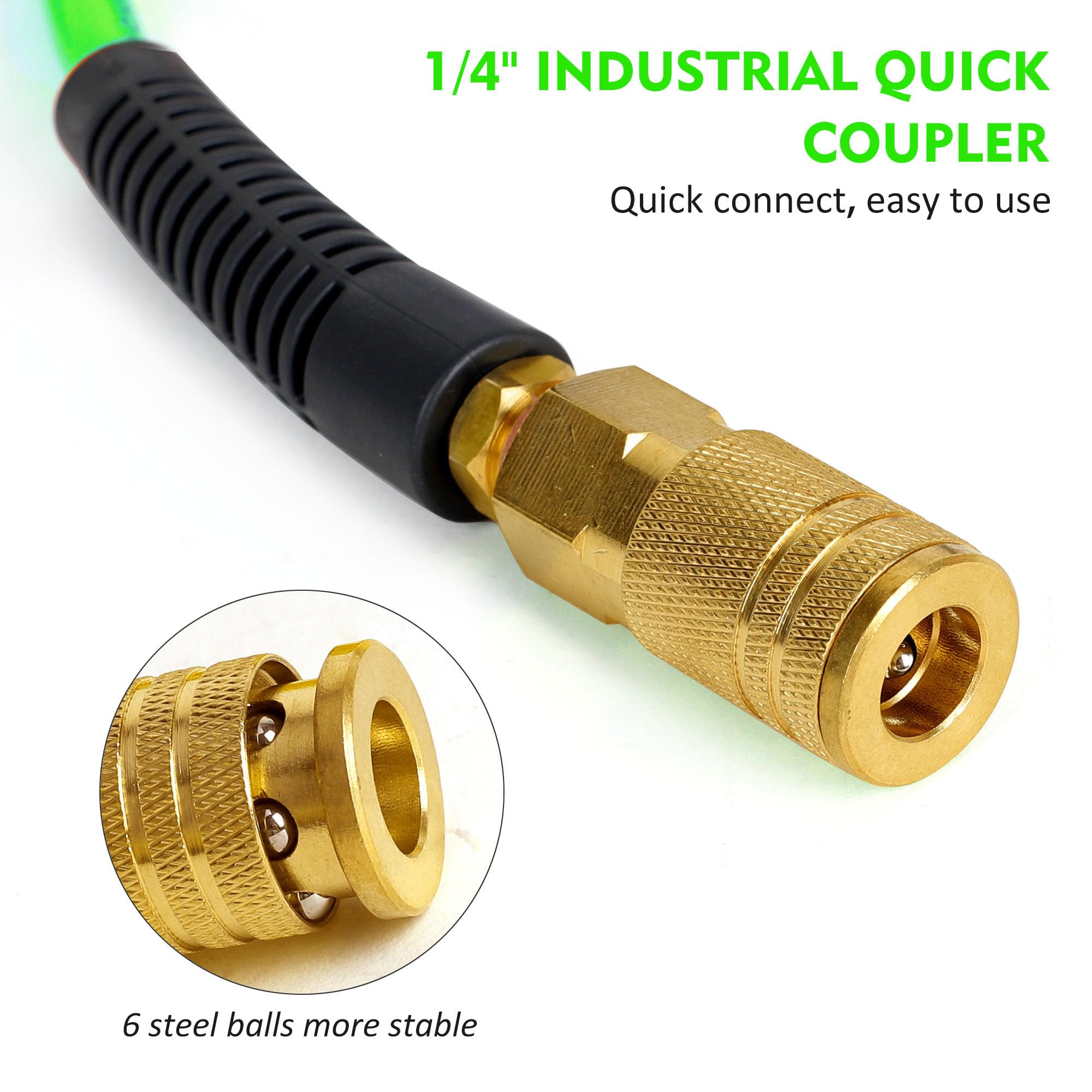 Manguera de compresor de aire de 1/4 pulgadas x 100 pies, manguera de aire de poliuretano reforzado (PU) con accesorios, restrictores de curva, acoplador rápido industrial de 1/4 pulgadas y