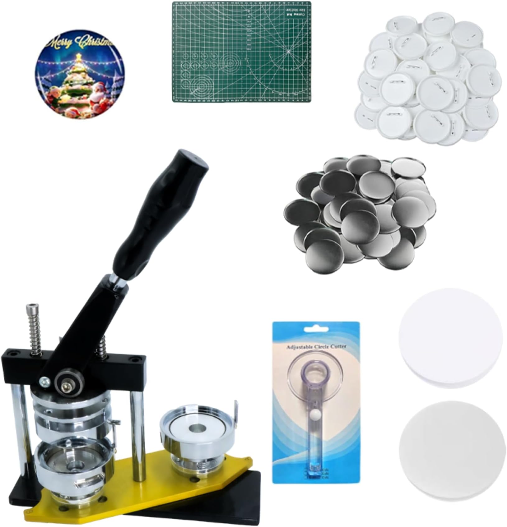 DCBADGE Button Maker Machine, 58mm/2.25 inch Pin Button Badge Maker,Interchangeable Button-Models Press Machine Kit with 300 Sets Buttons-Part Supplies & Circle Cutter & Cutting Mat