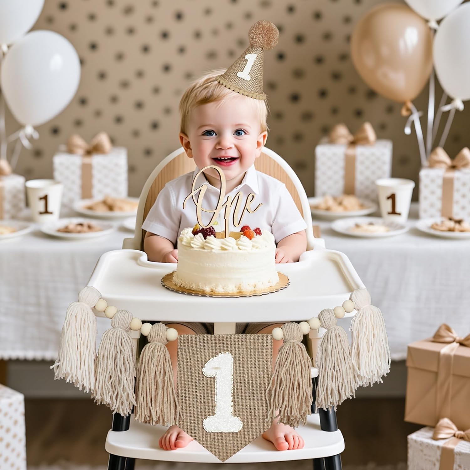 Striscione per seggiolone per primo compleanno, decorazione per primi ragazzi, cappello a cono cachi con un topper per torta sfondo fotografico (Kahaki 2)