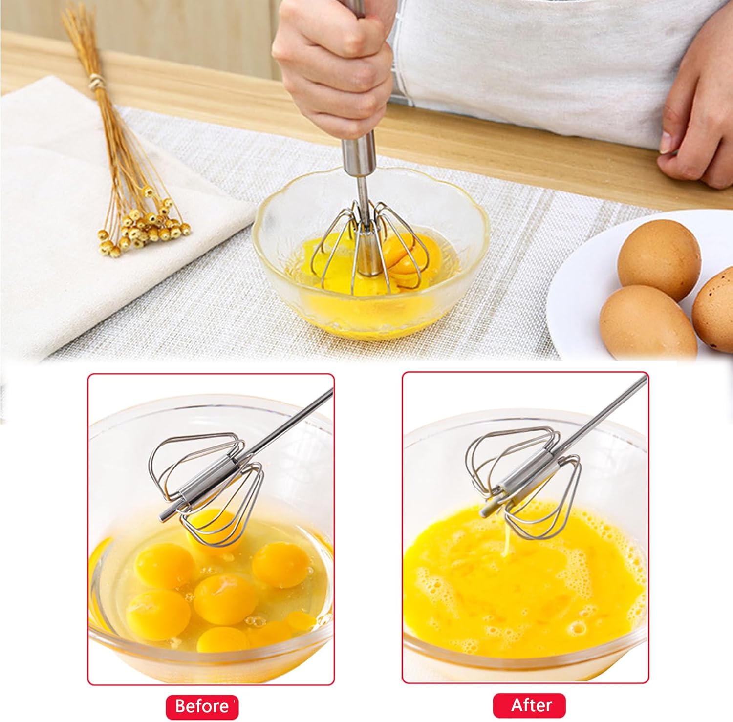2 Pieces Manual Rotating Whisk Stainless Steel Semi-Automatic Whisk Sauce Whisk for Baking, Whisking, Beating, Mixing, Kitchen Utensils