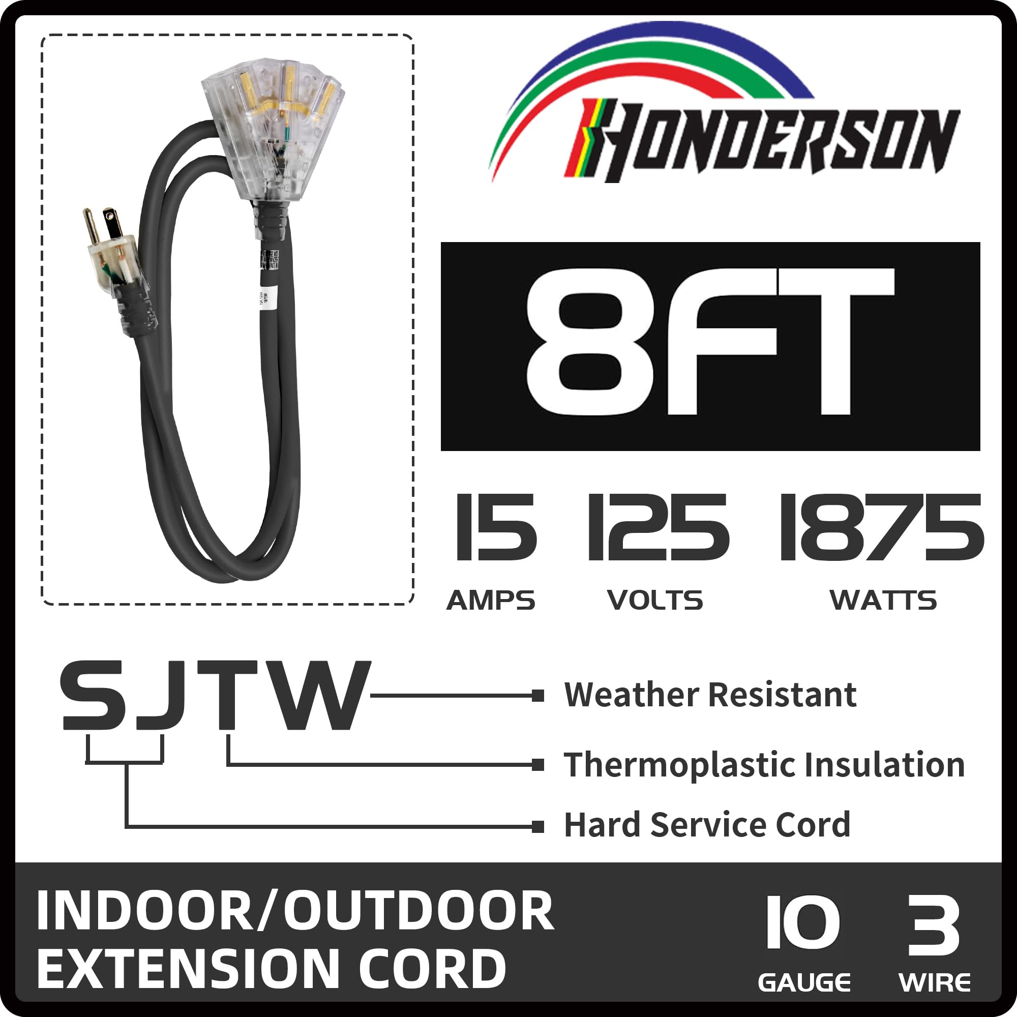 Cable de extensión iluminado para exteriores de 8 pies con 3 tomas de corriente, cable de extensión negro resistente 10/3 SJTW con enchufe a tierra de 3 clavijas para mayor seguridad