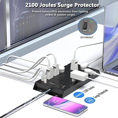 Miniatura 5 de JcBlaon - 22 salidas y 6 USB Big Power Strip, protector de sobretensiones con 3USB C y 3USB A puertos de carga, cable de extensión de enchufe plano