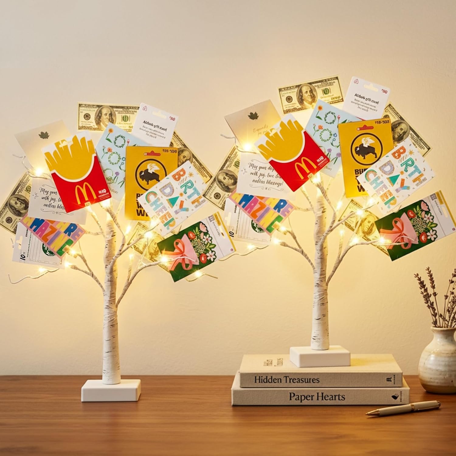 PABIPABI Money Tree Gift Holder, Set of 2 Birch Tree with 24 Clear Clips, Battery/USB Powered Timer Tabletop Trees for Home Party, Christmas, Wedding, Birthday Graduation (Warm White)