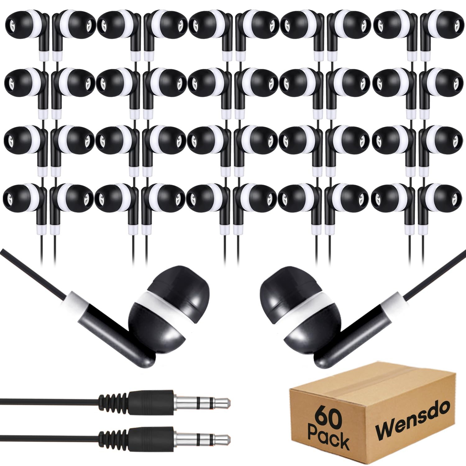 Confezione da 60 auricolari in-ear con cavo per scuola, classe all'ingrosso, con jack da 3,5 mm, per bambini, studenti, bambini, adolescenti, confezionati singolarmente (HY01, 60 nero)