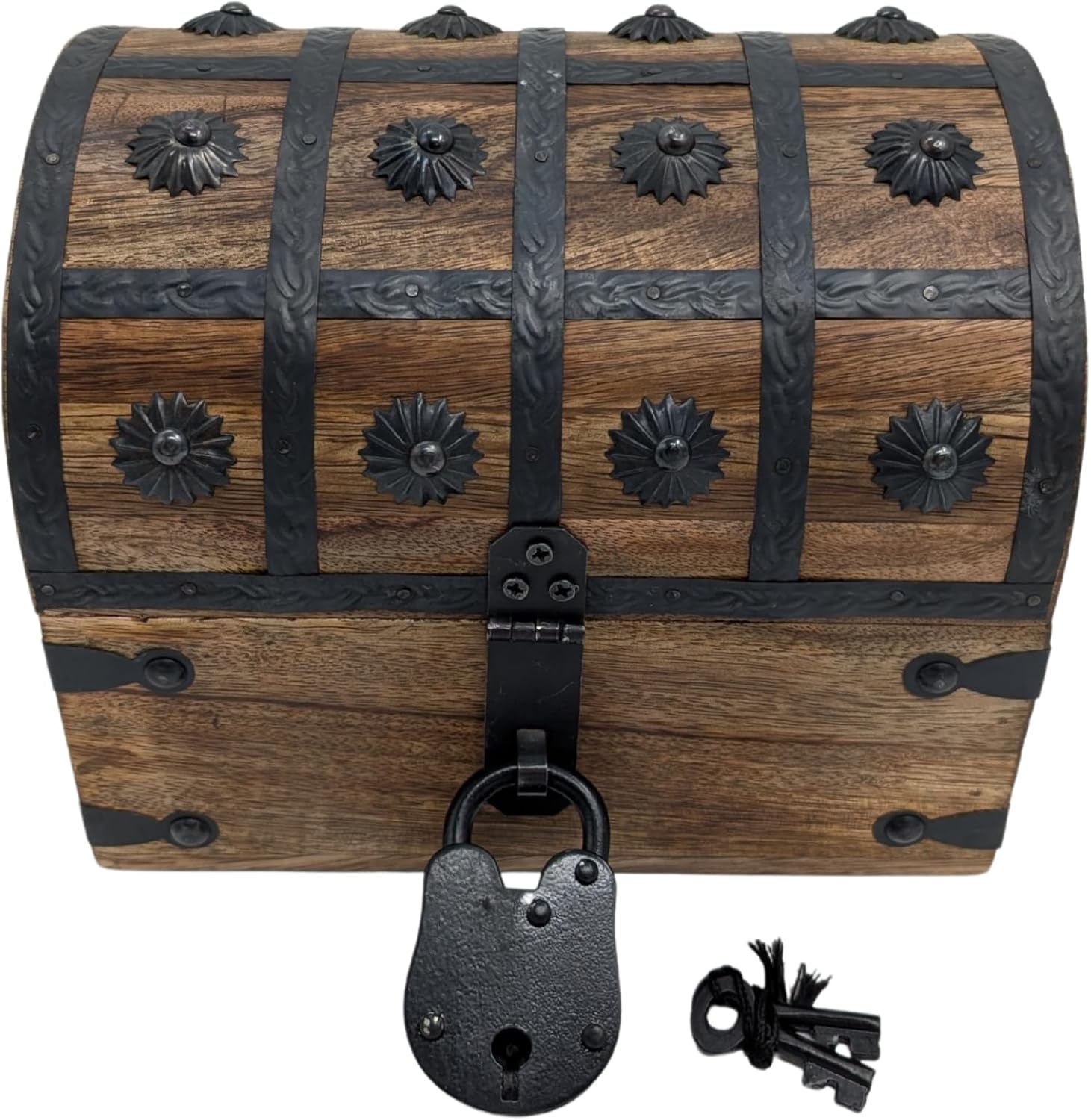 Handmade Pirate Treasure Chest - Wooden Storage Box with Iron Lock & Skeleton Key - Rustic Decorative Jewelry (Small 8 x 6 x 6.5)