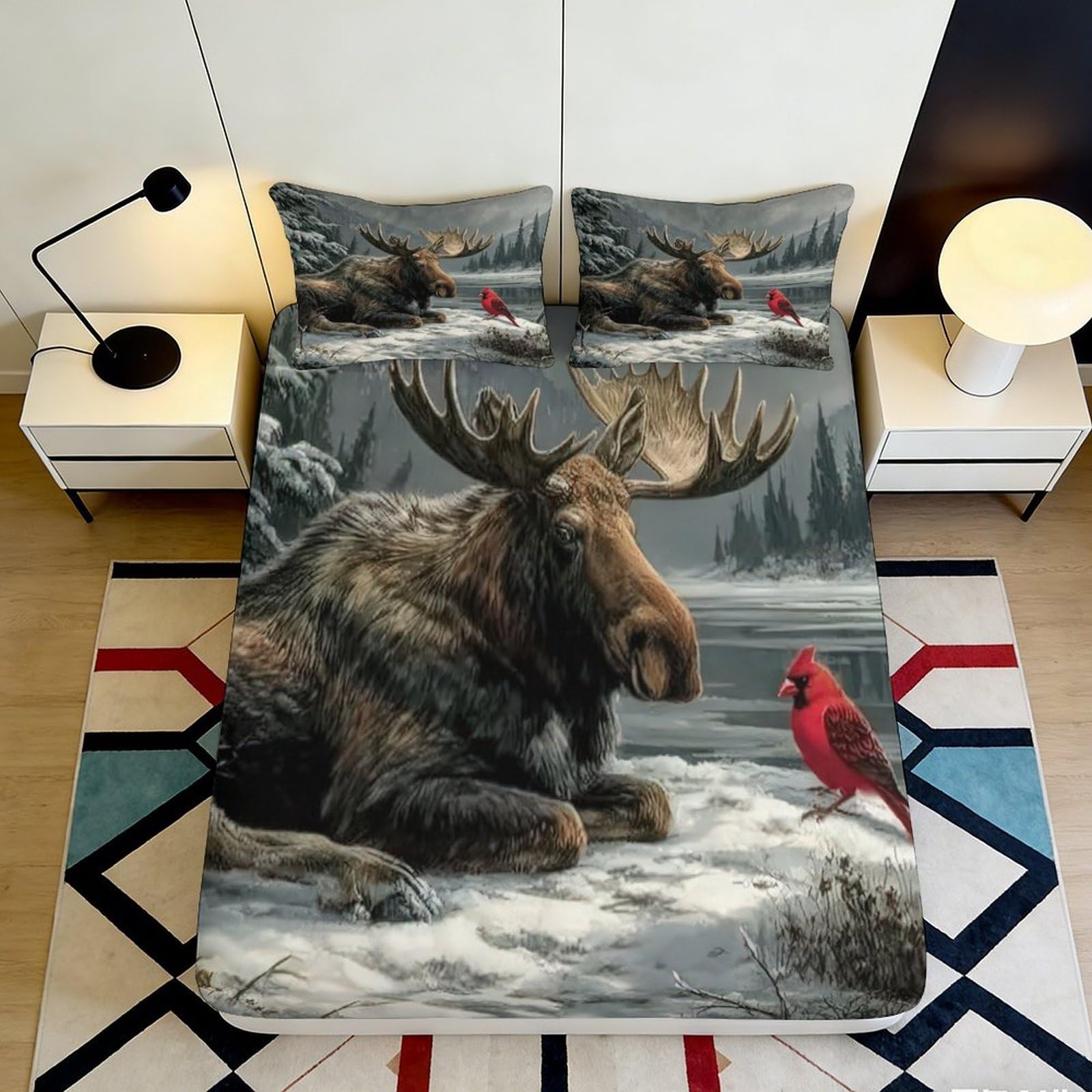 3D Printed Moose Forest Fitted Sheet Microfiber Soft Breathable Cardinal Bird Mattress Cover Bedroom Decor 90x200x25cm
