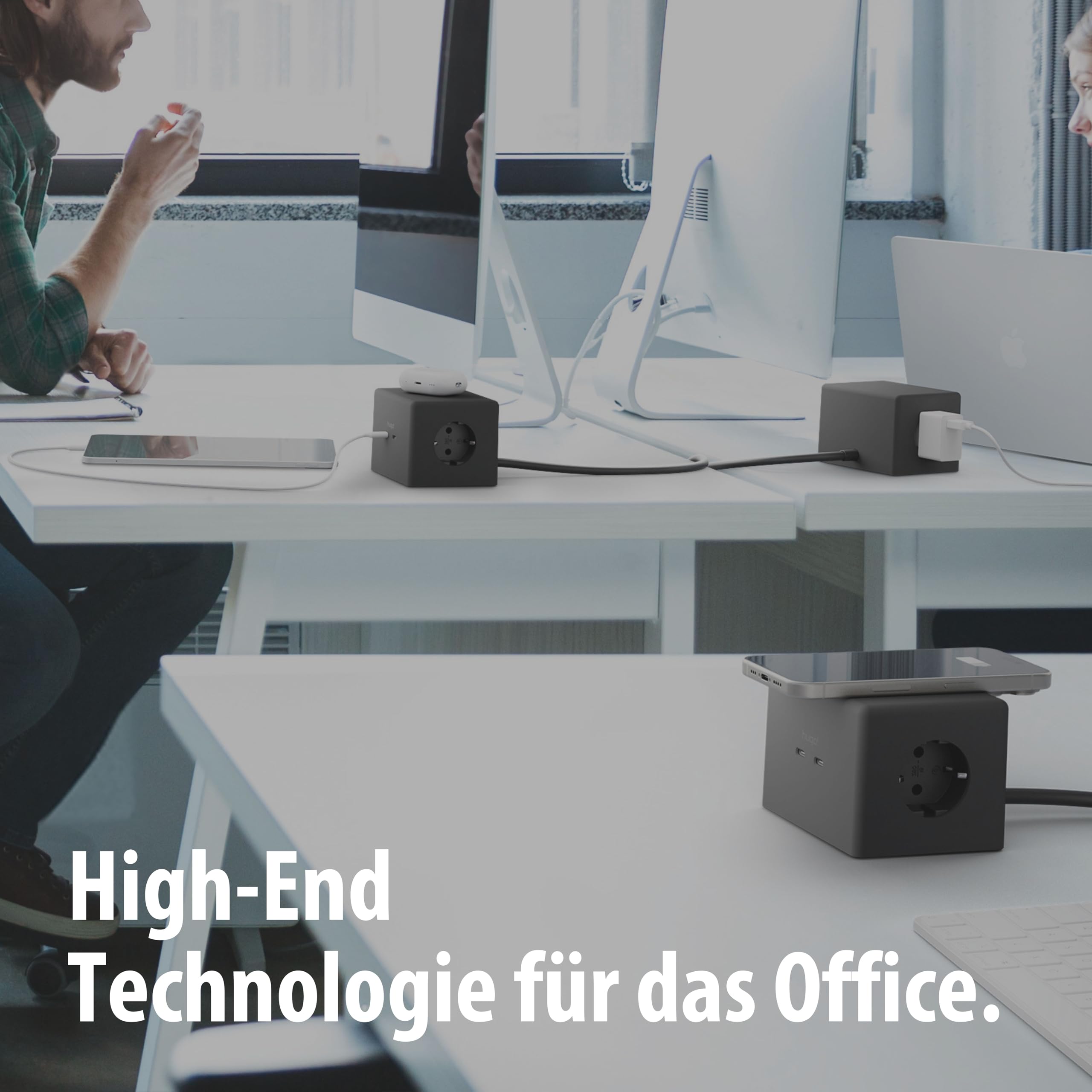 Brennenstuhl Hugo! One 2nd Gen. Cubo de enchufes con USB C 20W PD | (cargador inalámbrico, regleta USB C, interruptor táctil, estación de carga inductiva con cable de 2m) negro intenso