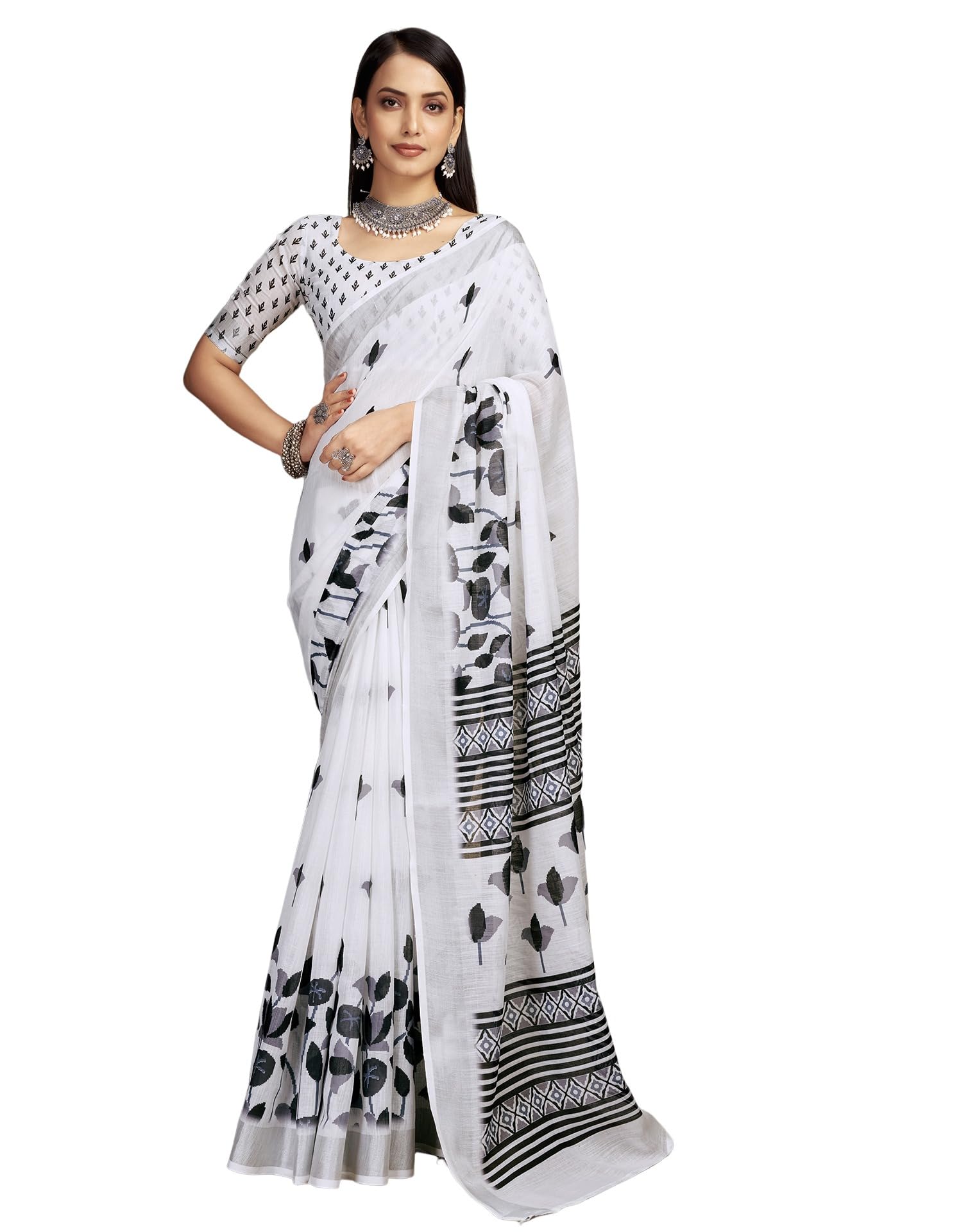 Women's Printed Durga Pooja Cotton Saree With Unstitched Blouse Piece-image-29