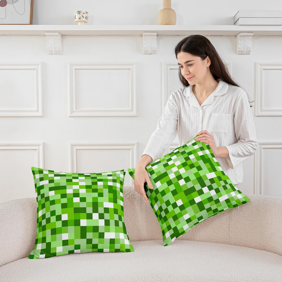 Pixel Style Games Throw Pillow Covers (Pack of 2),Miner Theme Cushion Cover for Kids Girls Boys Light Green Block Pillow Cases Building Gaming Living Room Sofa Bed Decor,16" Lx16 W image 3