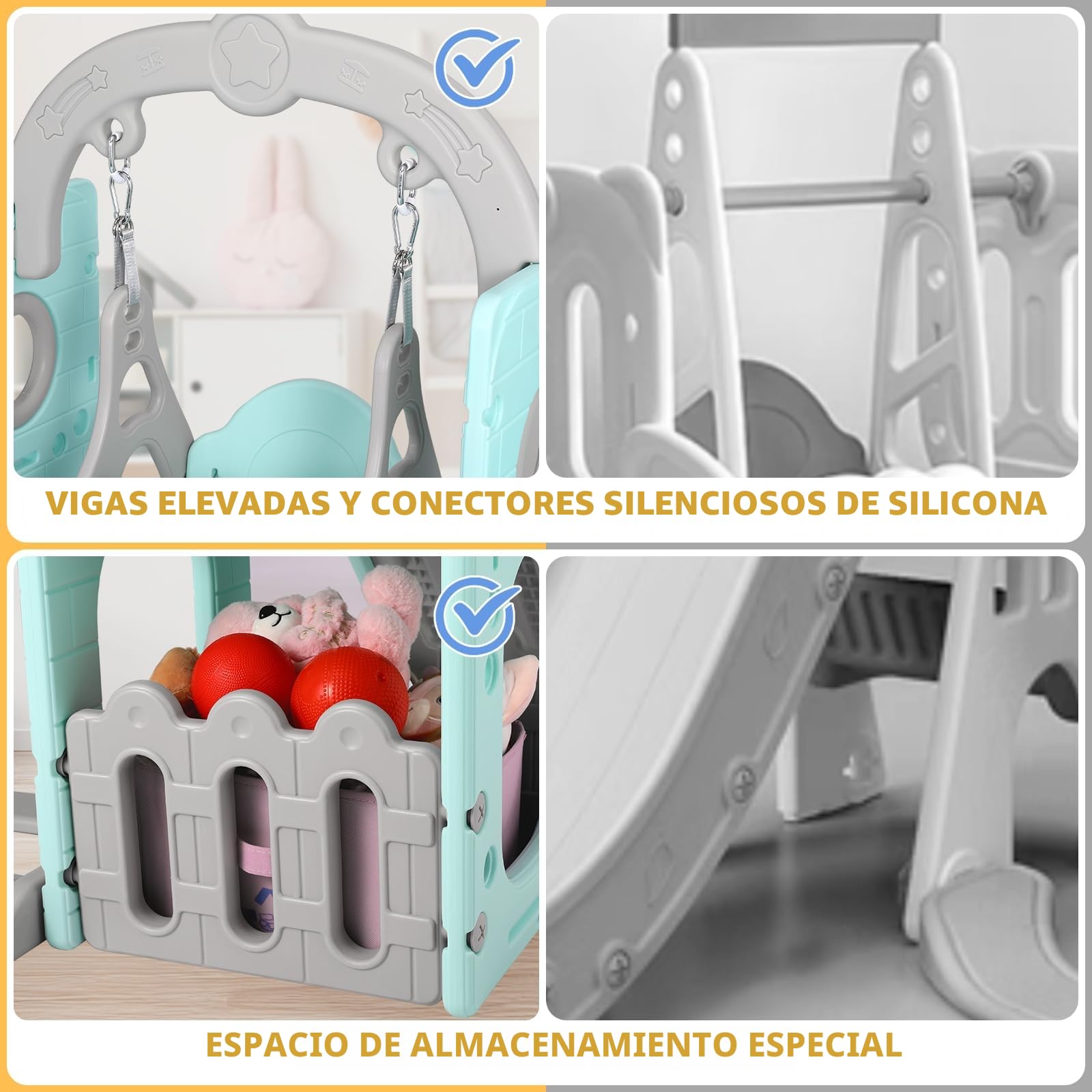 Tobogán y Columpio, Parque Infantil 5 en 1, con Tobogán Largo, Columpio, Escalada, Telescopio de Juego, Almacenamiento, Tobogán para Interior y Exterior, Juego de Tobogán para Bebé, Verde Gris