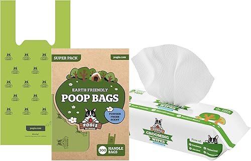 Pogi's - Paquete de 300 bolsas de excremento de perro con asas y 100 toallitas perfumadas de hoja de té verde a base de plantas