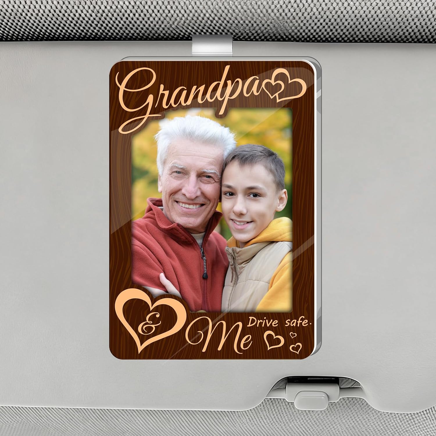 Grandpa Gifts Car Accessories Visor Photo Frame, Drive Safe Acrylic Picture Holder for Truck SUV, Rustic Dark Wood Auto Interior Decoration, Father's Day Present for Grandfather