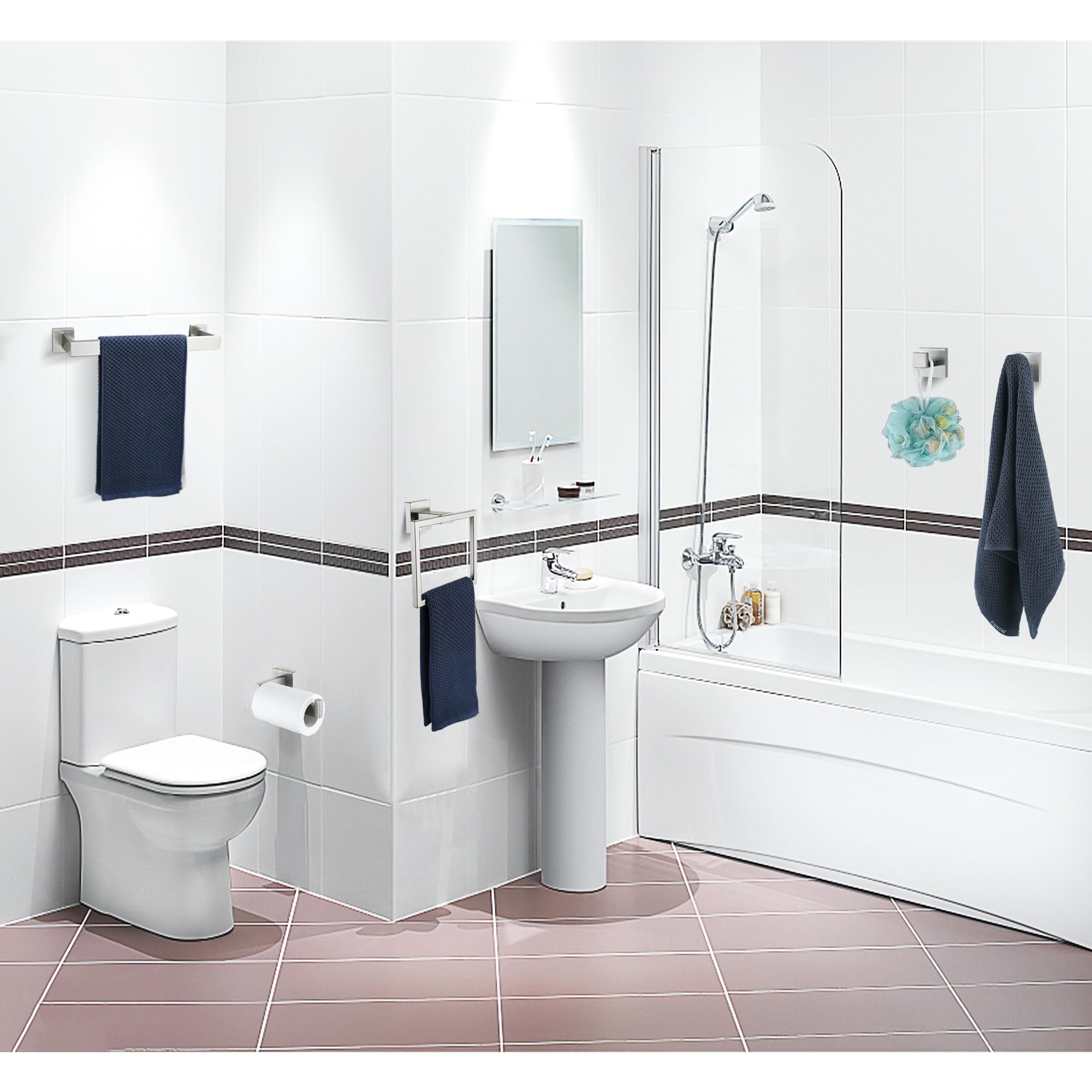 Juego de 5 accesorios de baño de níquel cepillado, juego de toalleros de baño de acero inoxidable SUS304, juego de toallero cuadrado resistente, montado en la pared