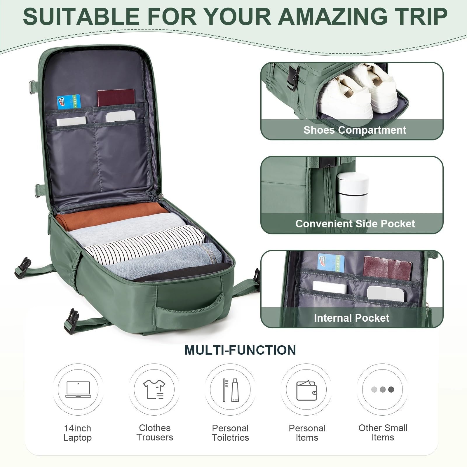 Mochila para portátil Mochila 40x20x25 cm Bolsa de Cabina Mochila de Viaje for Hombres Mujeres Equipaje de Mano Mochila for Ordenador portátil de Ocio(Green)