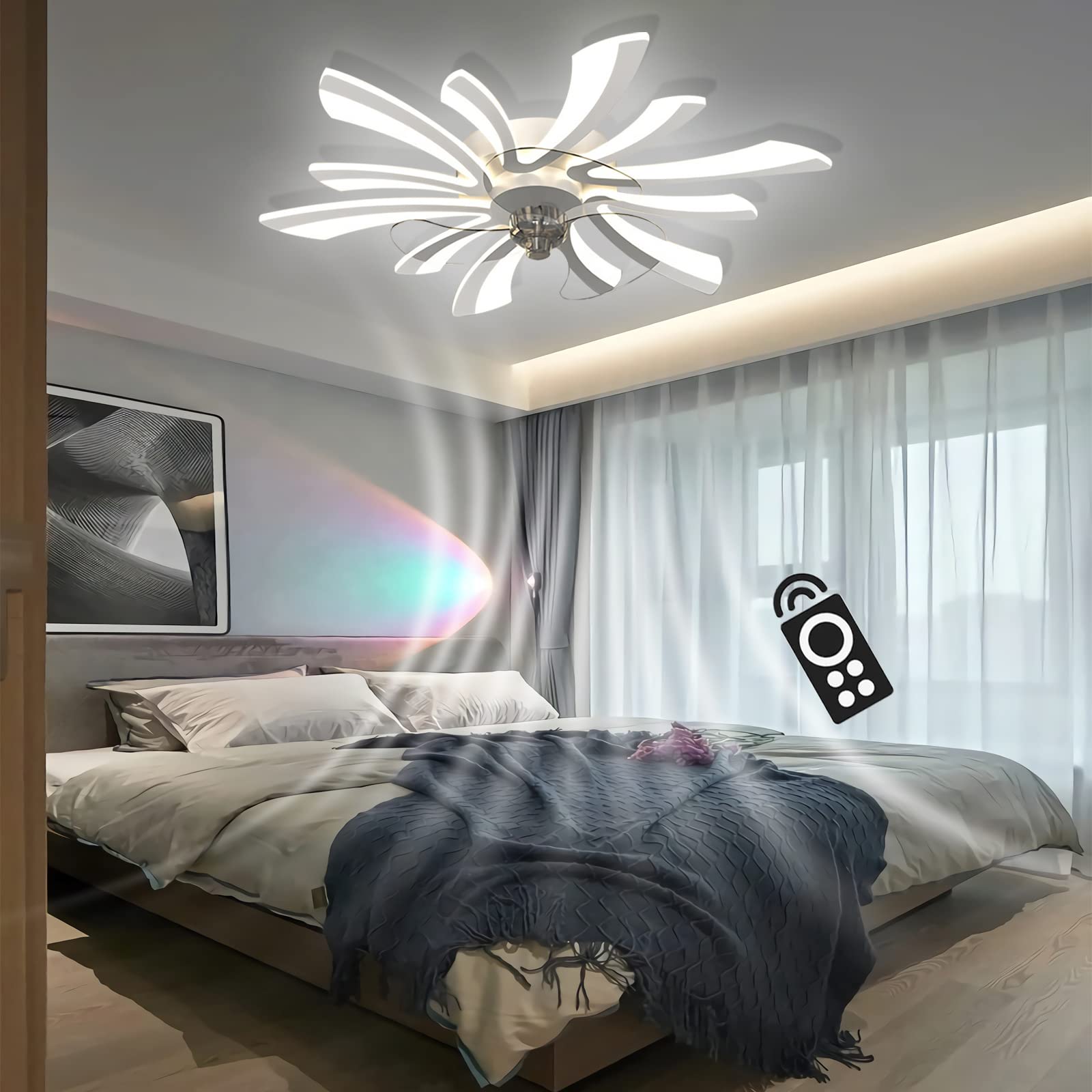 Wentylator sufitowy ze światłem cicha nowoczesna lampa sufitowa LED tryb zimowy silnik prądu stałego możliwość przyciemniania kreatywny 6 świateł wisiorek światło do salonu (Biały, Ø78cm/70W)