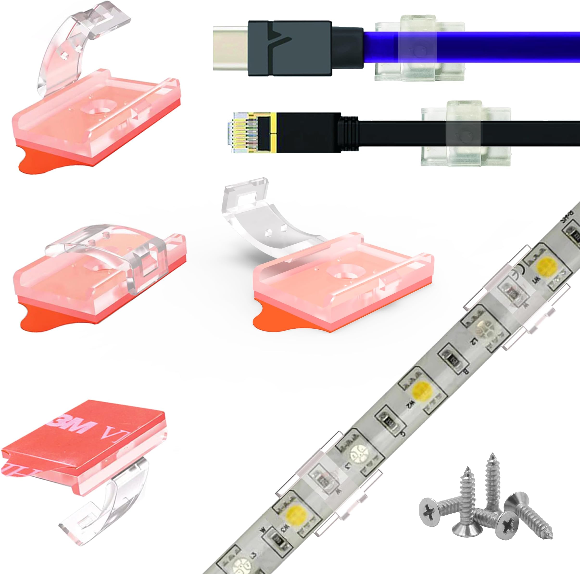 100 Pack Double Installation LED Strip Light Mounting Bracket Self Adhesive LED Clips Only use for Width 10-12mm/0.39-0.48in Height<2.8mm/0.11in Indoor LED Strip Light with 102PCS Screws
