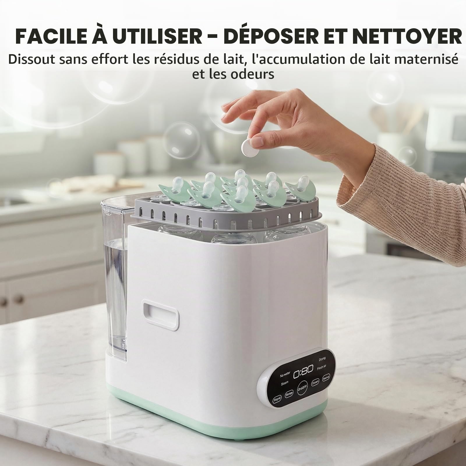 Comprimés détergents pour lave-biberons bébé, 150 unités, formule douce à dissolution rapide, élimine les résidus de lait, la graisse et les odeurs, compatible avec toutes les marques, adapté au lave-