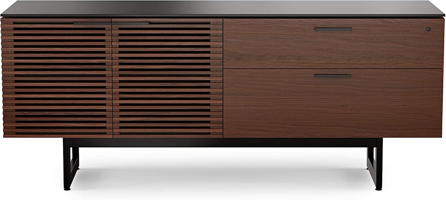BDI Corridor Office Credenza - 70" Walnut Storage Cabinet With Locking File Drawer & Glass Top