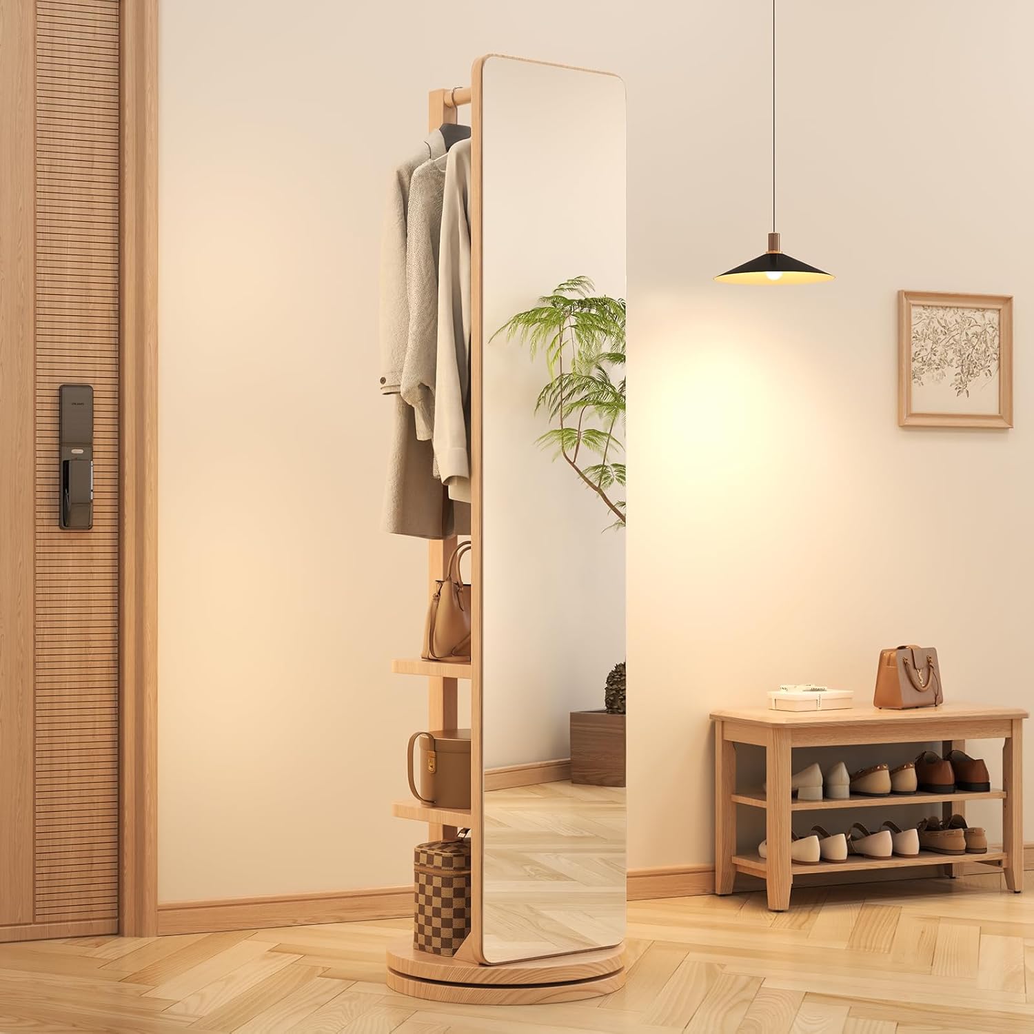 Full Length Mirror with Stand,Mirror Coat Rack,65.7 ''×15.8 ''Floor Mirror for Bedroom, Living Room, Dressing Room(Natural)