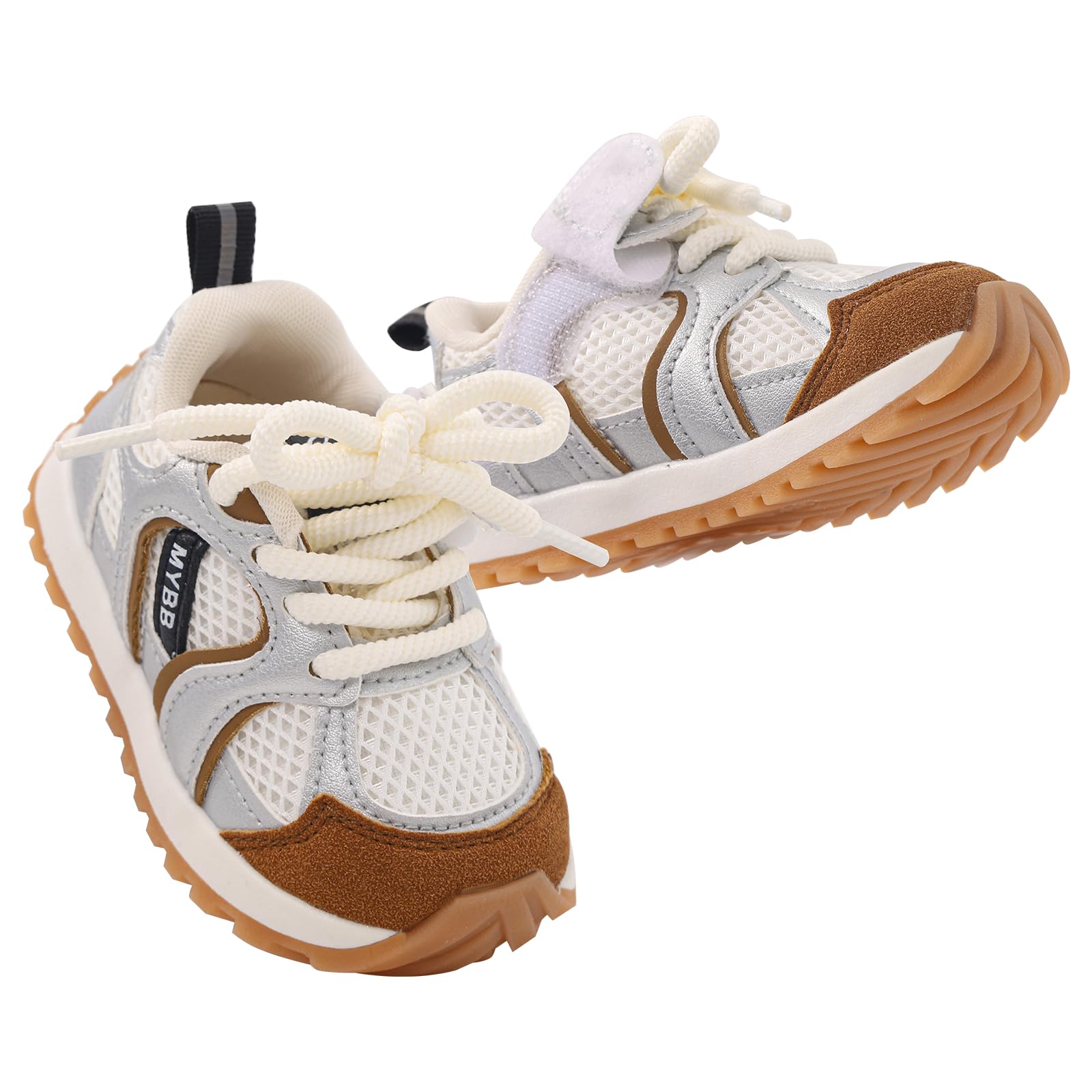 DUONITITI Toddler Boy Girl Sneakers Fixed-tie Flexible Baby Walking Running Tennis Athletic Shoes(Silver,9-12 Months)