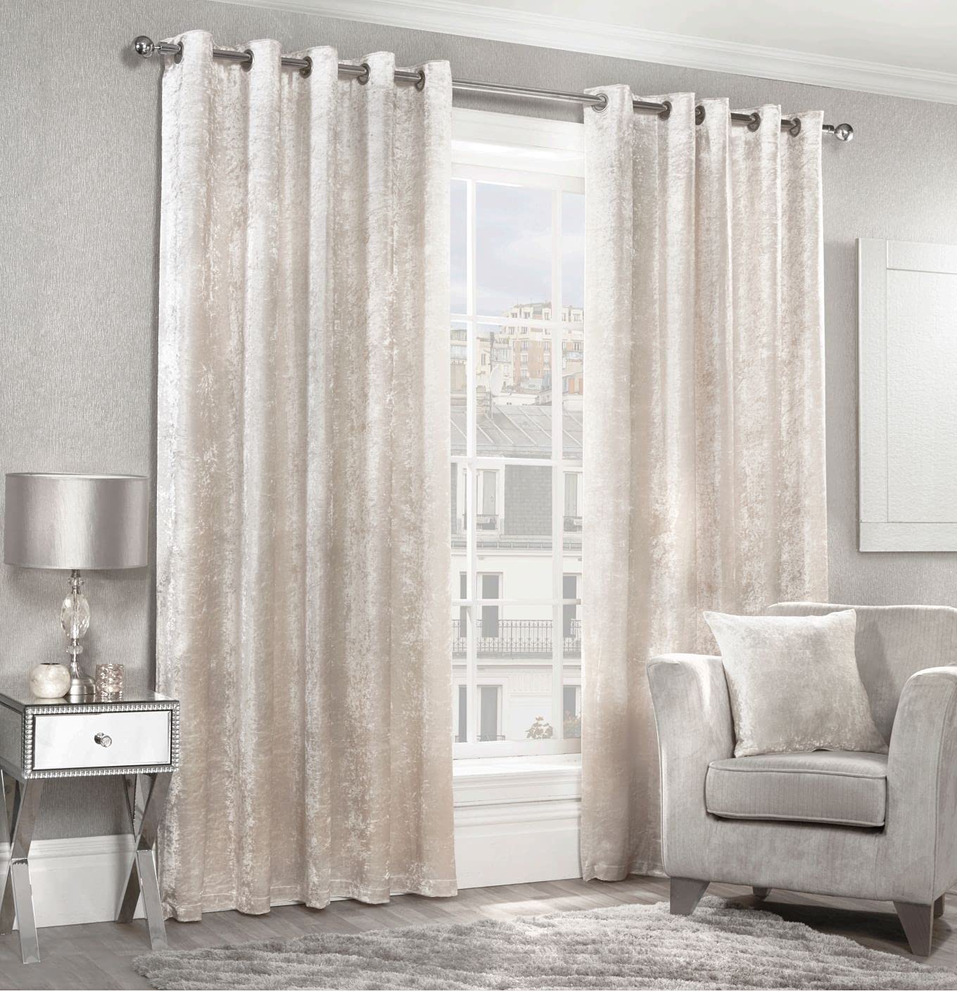 Amania Trading Ltd1 Pair Of Plain CRUSHED VELVET Soft Modern Fully Lined Eyelet Curtains - CREAM - 46" Width x 54" Drop
