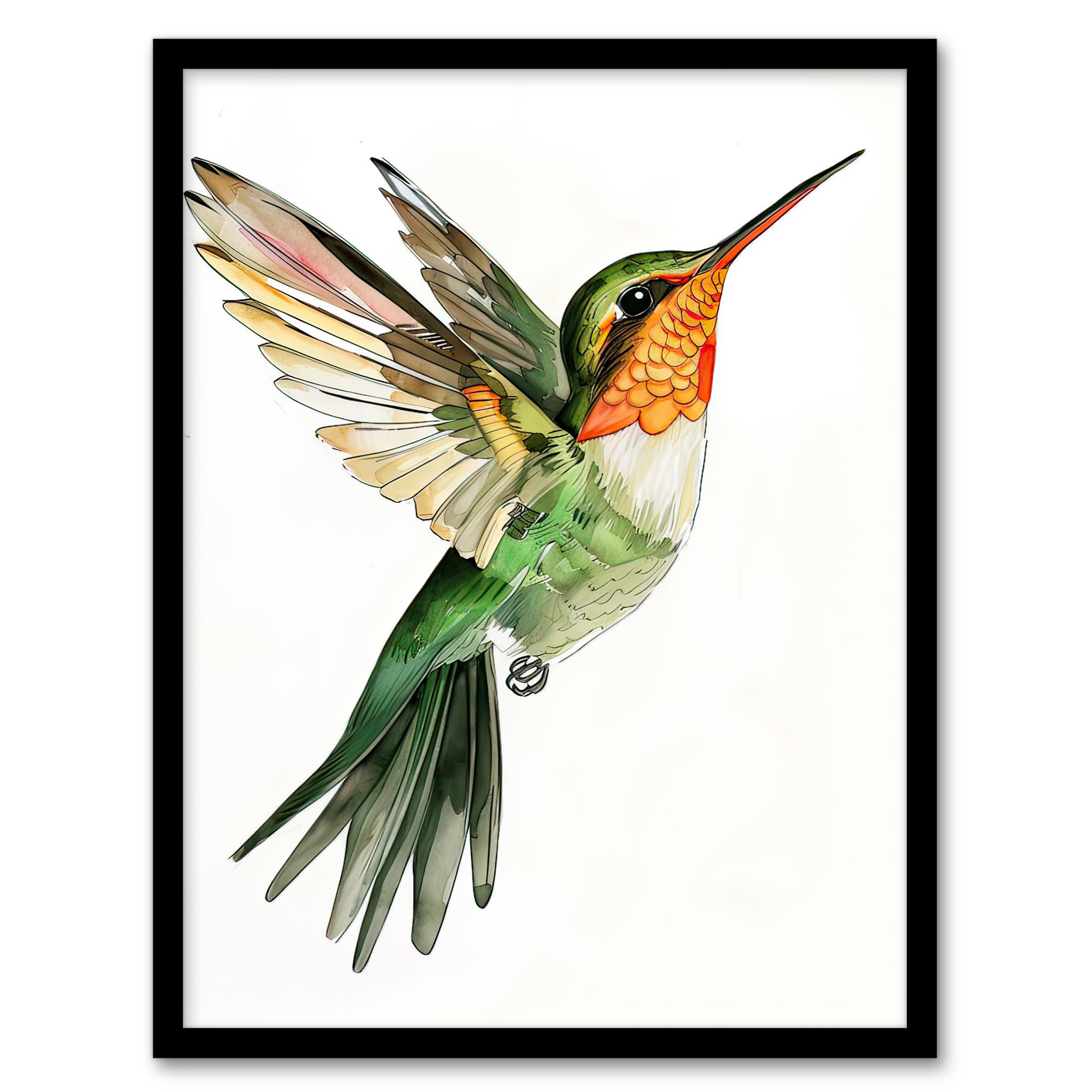 Artery8 Watercolour Hummingbird in Flight Framed Wall Art - Green, Orange, A4 Size