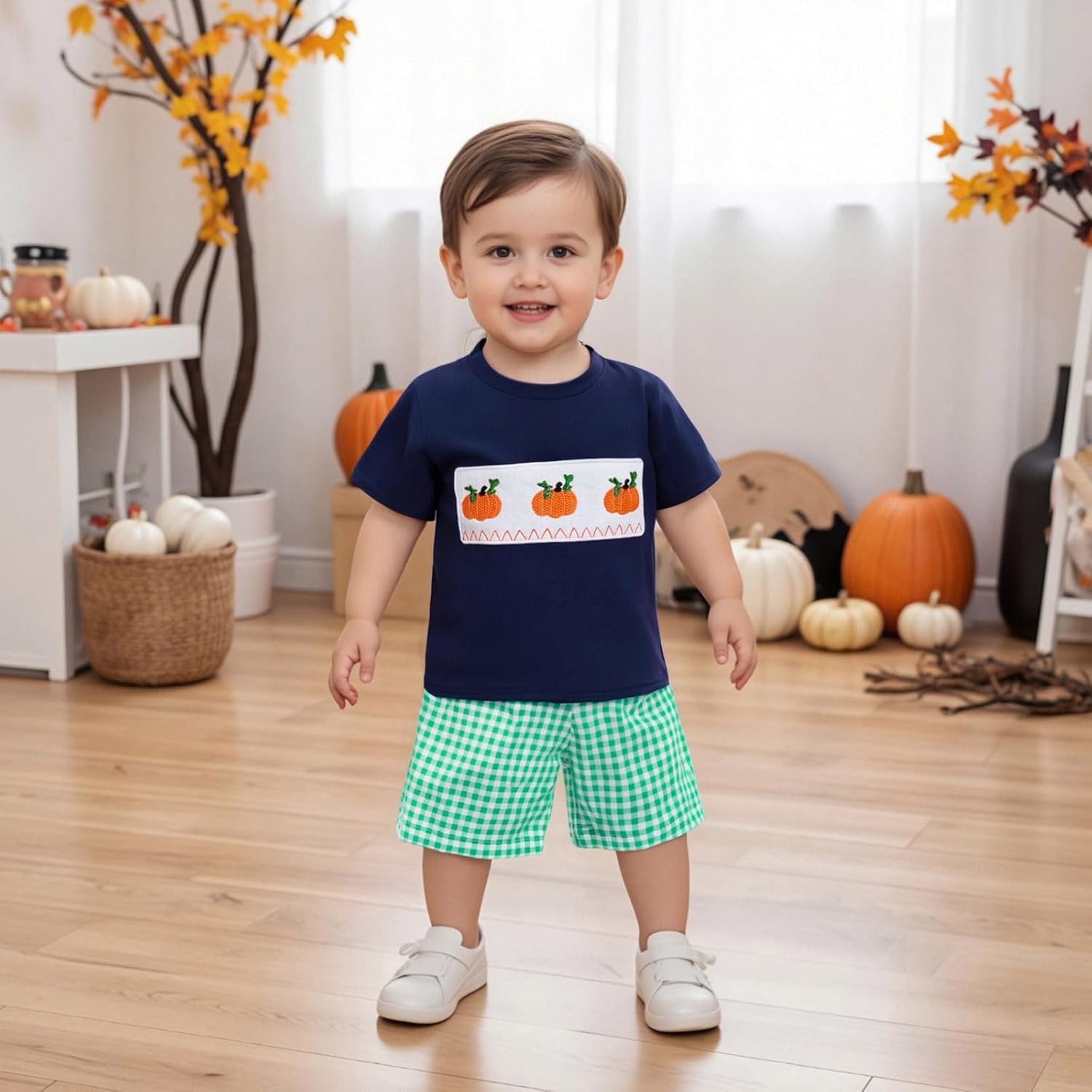 Toddler Baby Boy Halloween Clothes Pumpkin Embroidery Smocked Short Sleeve T-Shirt and Plaid Shorts Set Fall Outfits - Image 3