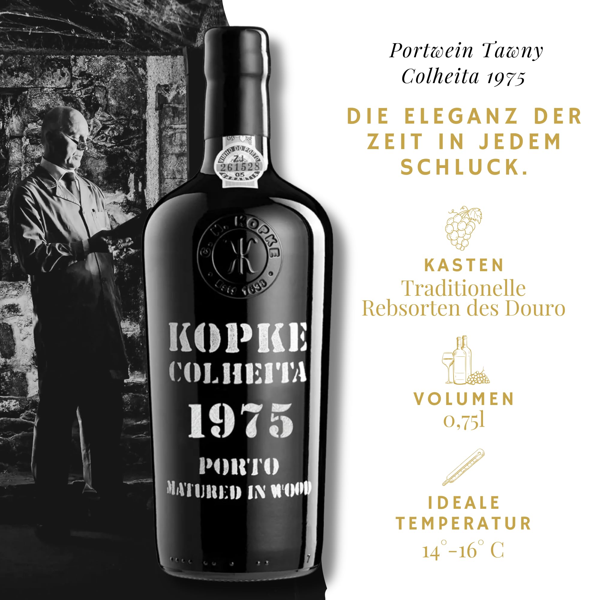 Kopke Portwein Tawny Colheita 1975, Portwein Rot in edler Geschenkbox, Dessertwein im Holzfass gereift, Alkohol Geschenke, Geschenk zum 50. Geburtstag für Männer & Frauen, 0,75l, 20% Vol.