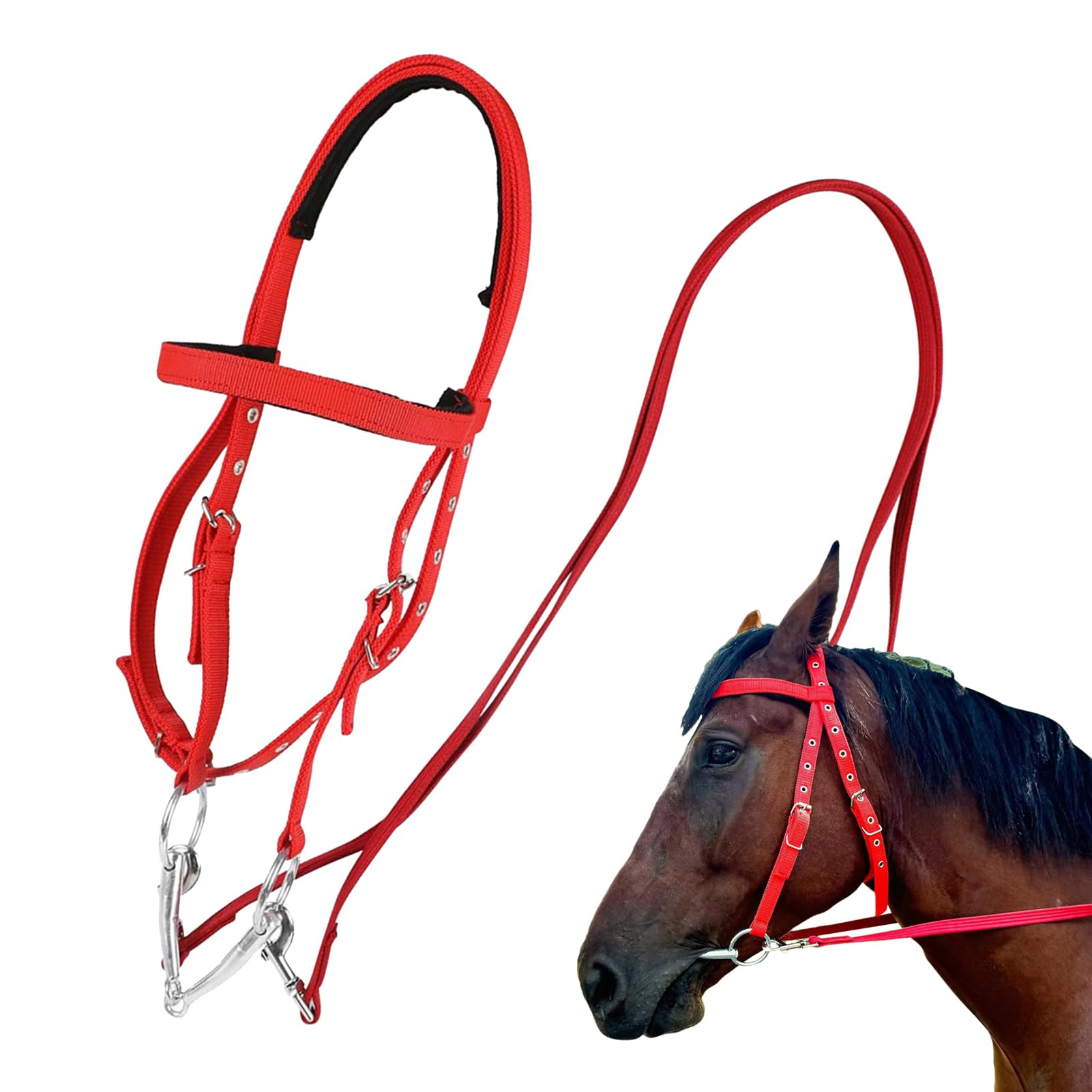 Brida para caballo: riendas ajustables, cabecero antidesgarro, frontalera con forro suave | Diseño de banda nasal de nailon duradero, cómodo equipo de equitación ecuestre para caballos al aire libre,
