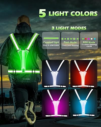 Vista 3 de Zacro LED Reflective Vest Running Gear, 5 Lights Colors High Visibility Reflective Running Gear Rechargeable Light Up Running Vest for Walking Verde