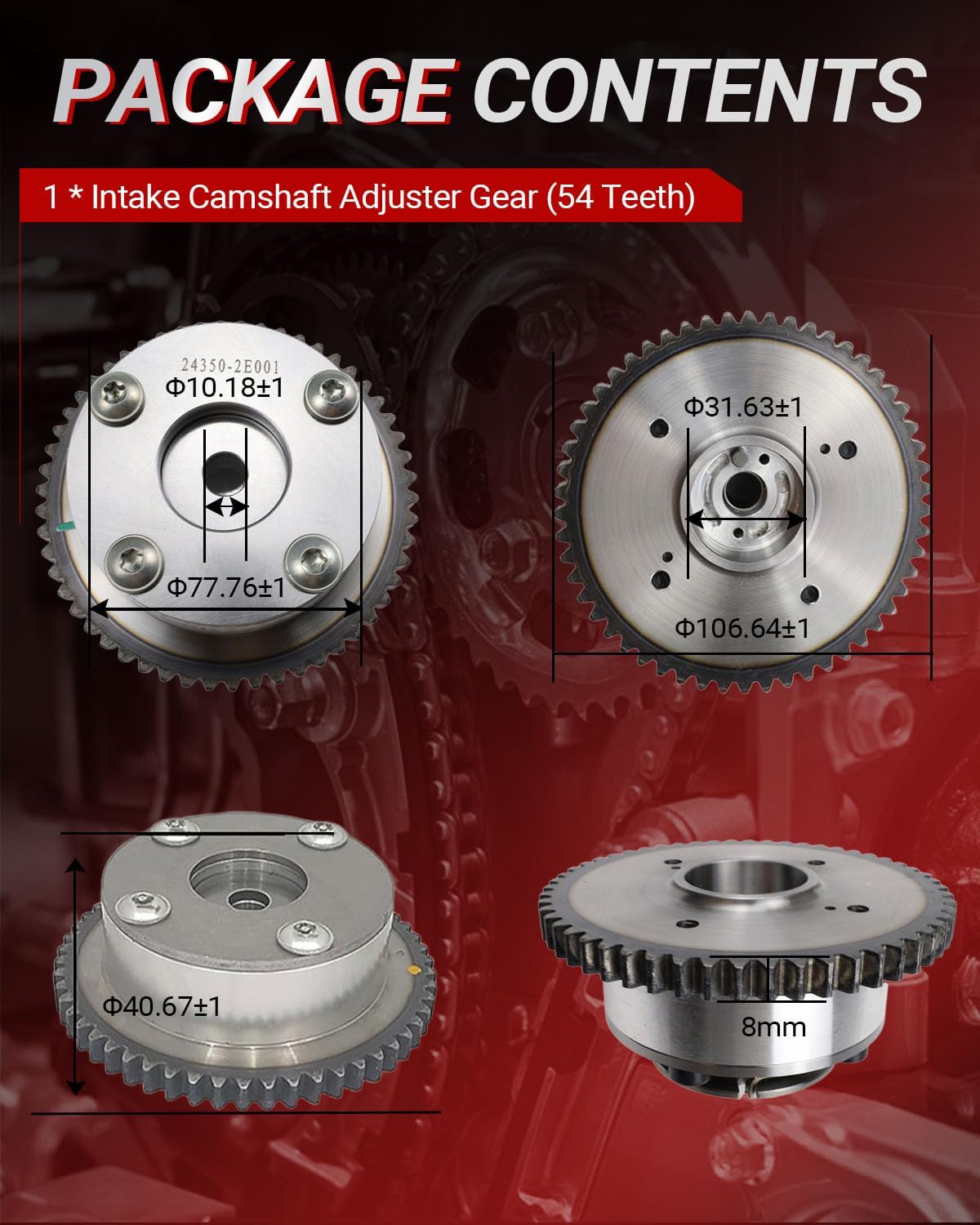 VVT Timing Gear Sprockets (8mm) 2pcs fit for Hyundai Elantra 2011-2014 1.8L L4, fit for Kia Forte Koup 1.8L 2014-2016 Direct VVT Timing Camshaft Adjuster Replace OE 24350-2E001 24370-2E000