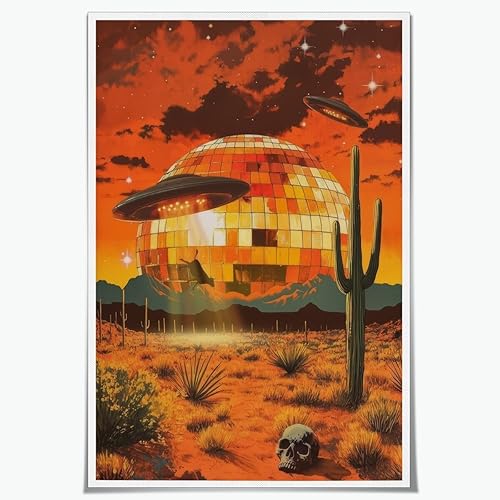 WLZWD Arte de pared retro de los años 70, impresión en lienzo de bola de discoteca vintage, disco salvaje, OVNI, arte surrealista preparado para