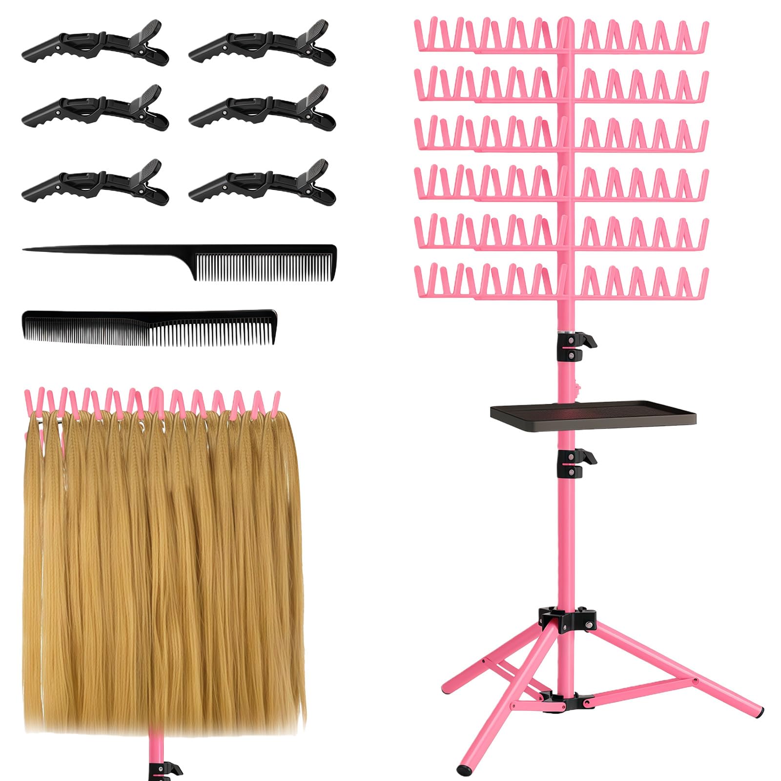 Support pour extensions capillaires à 144 broches avec plateau, pinces à cheveux et peignes - Support pour extensions capillaires - Réglable en hauteur et pliable