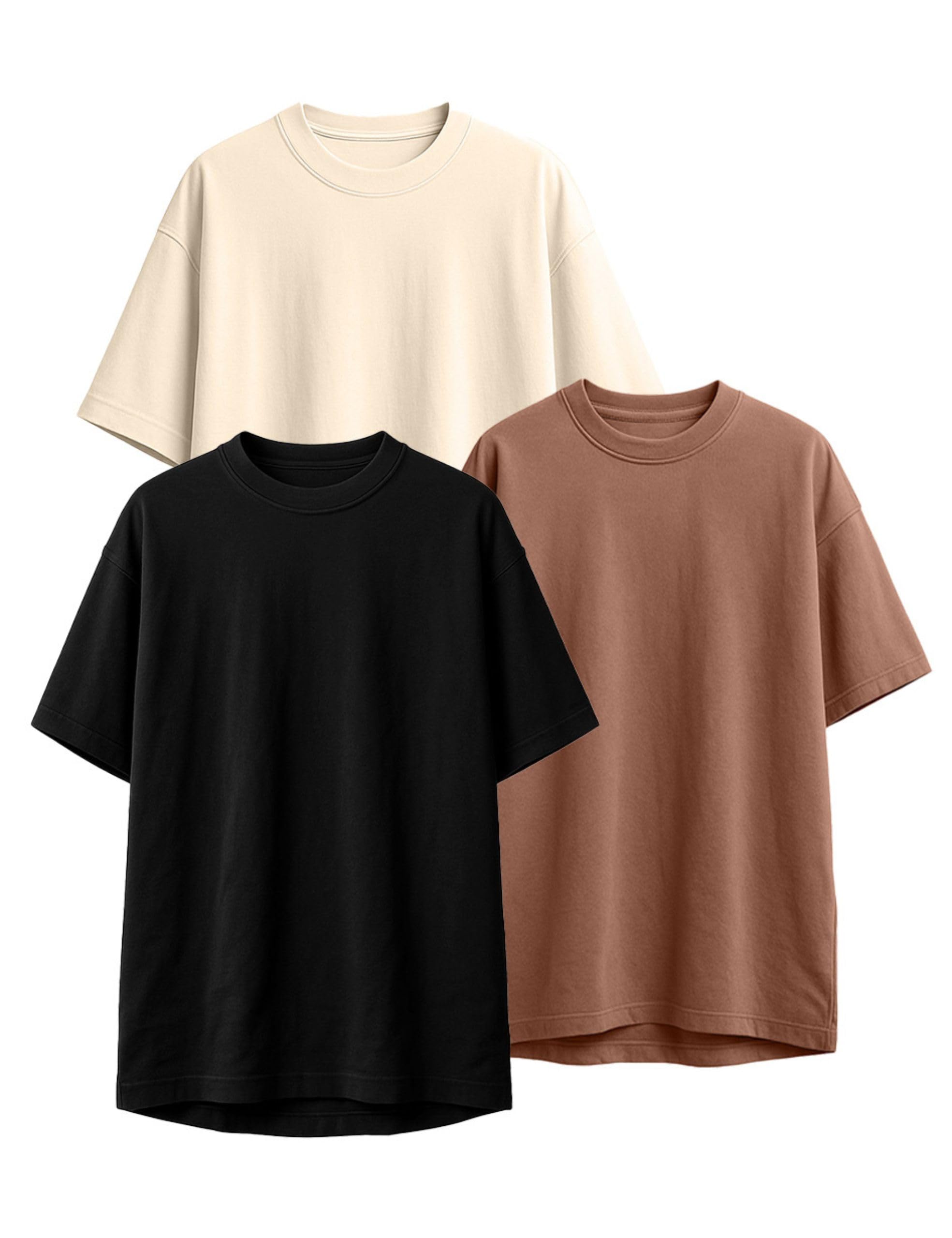 veirdo 100% Pure Cotton Drop Shoulder Oversized Baggy Fit Half Sleeve Plain Solid Round Neck Multicolor T-Shirt Combo for Men (Pack of 3) (Sizes S-2XL)-picture-19