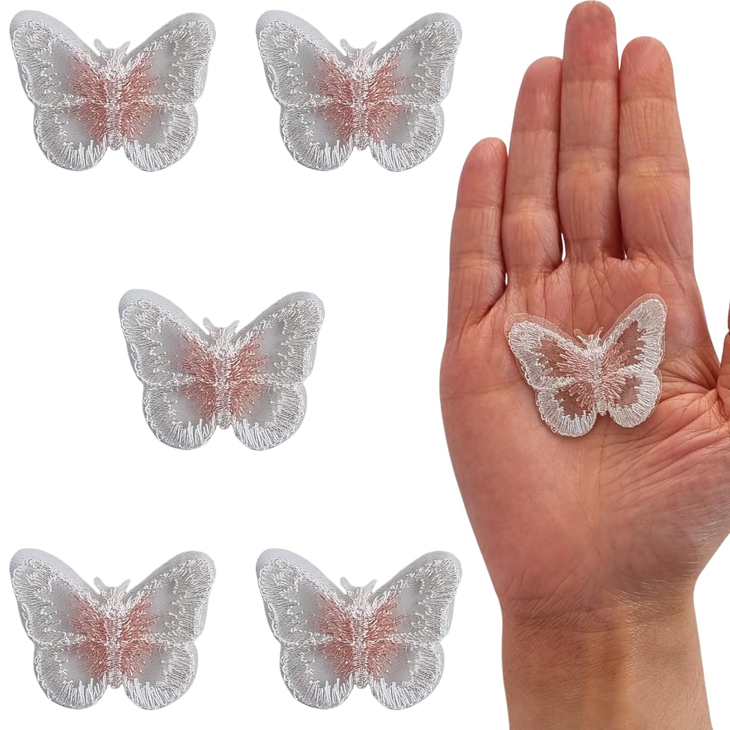 S.A.V.I 5PC 3D Blue Butterfly Applique Patch | Sew-On Mesh Lace Fabric Embroidery for DIY Dresses, Saree, Lehenga, Blouse, Gown, Bridal Wear & Craft | Decorative Sewing Patch (1.7x1.3 in) (White pink)-image-40