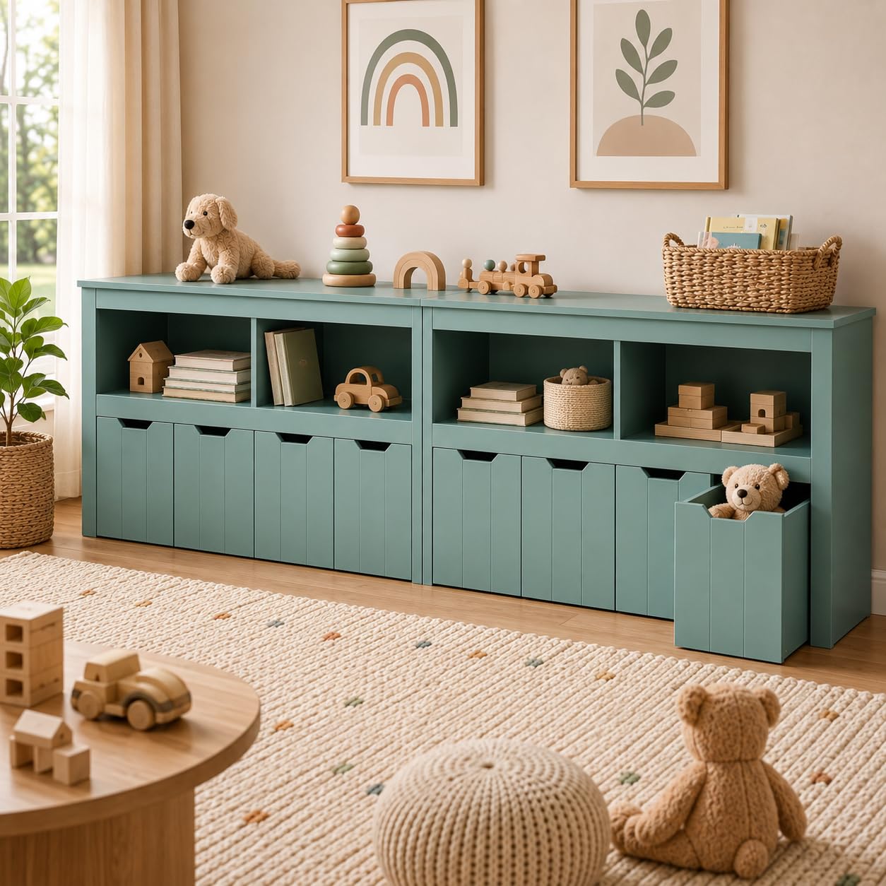 Scaffale per giocattoli con 4 scatole estraibili, set da 2 pezzi, scaffale per bambini con 2 scomparti aperti e protezione antiribaltamento, contenitore per giocattoli in MDF per la cameretta