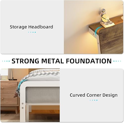 Miniatura 7 de Base de cama individual con cabecera de almacenamiento ergonómica, plataforma de metal con luces LED, listones de metal resistentes, no necesita