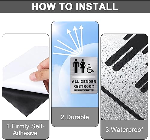 Miniatura 10 de Letrero de baño unisex con texto en inglés "All Gender Bath" y "Handicap" Braille para baño, compatible con silla de ruedas, iconos elevados de