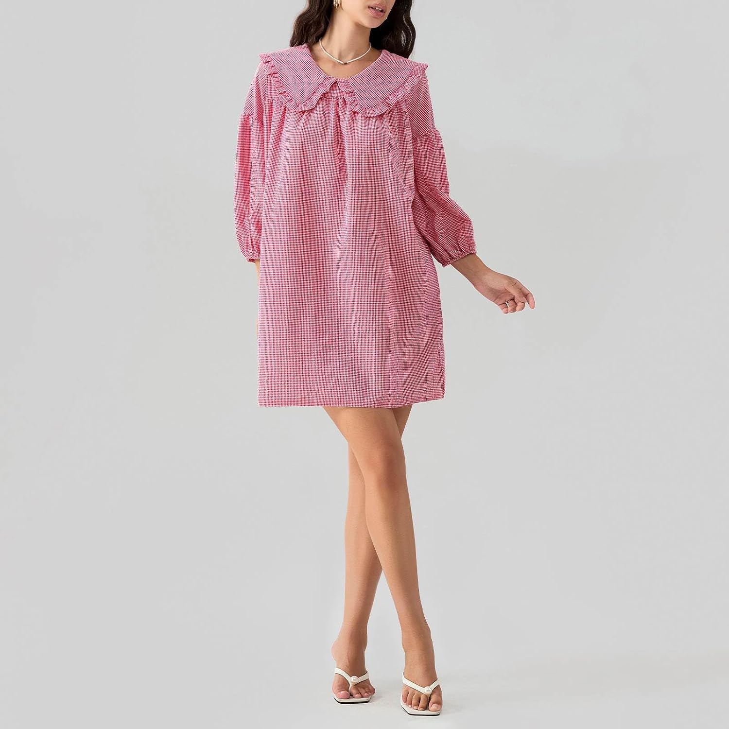 Women's Fall Casual Babydoll Mini Dress Cute Y2k Gingham 3/4 Puff Sleeve Smocked Collar Dress Loose Fit Plaid Outfits
