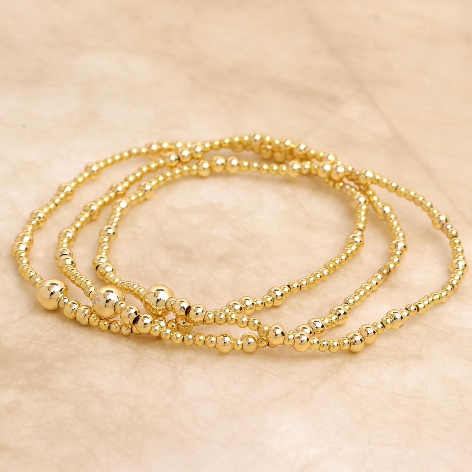 Gold Beaded Stretch Stack Bracelets Set for Women, 3pcs Trendy Stackable Plated Bead Ball Elastic Friendship Enewton Bracelet Holiday Fashion Jewelry Gift - Image 3