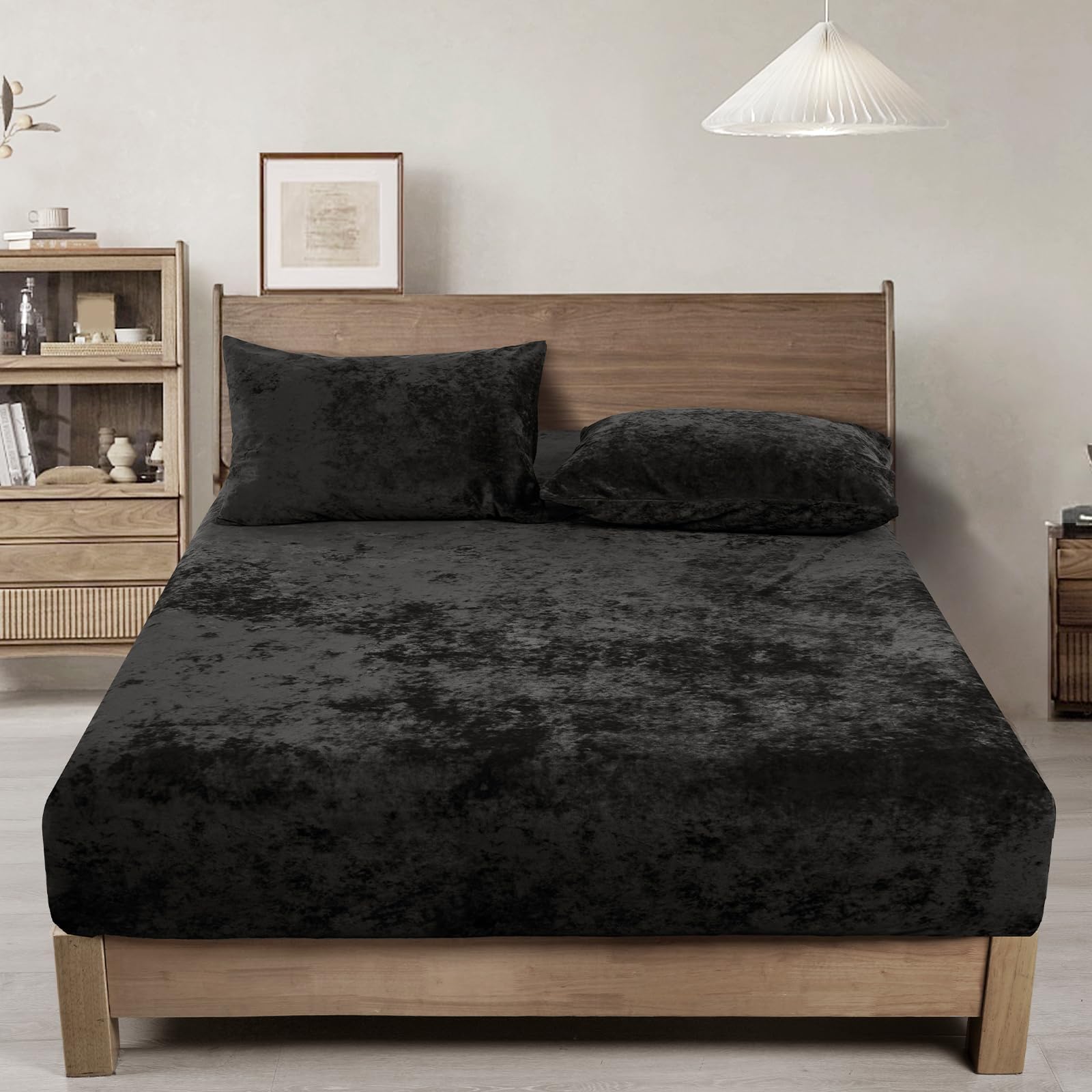 PHFPHF Velvet Fitted Sheet Twin Size, 1 Pack Luxury Super Soft Cozy Comfy Bed Sheets with 15' Deep Pocket, Suitable for Fall Winter and Spring, No Pillowcases, Black