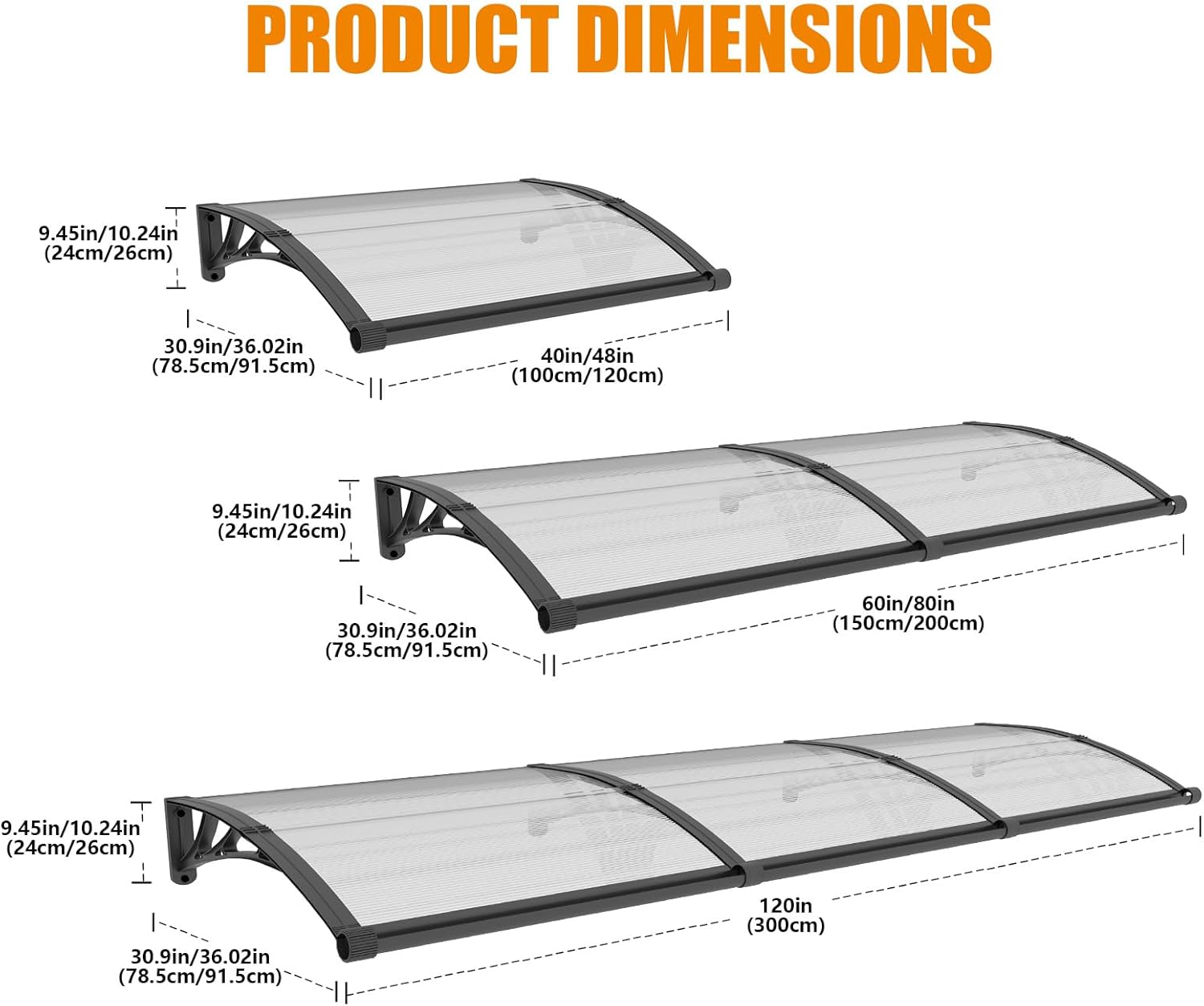 Window Awning Door Canopy 32"x40", Awnings for Doors Polycarbonate Cover Patio Door Awning UV Rain Snow Sunlight Protection Hollow Sheet with Separate Drainage Sink, Black Bracket & Transparent Board