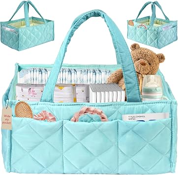 Baby Diaper Caddy Organizer with Zipper Pockets & Dividers Portable Nursery Storage Basket for Diapers, Wipes & Newborn Essentials, Baby Shower Gifts Mint Green