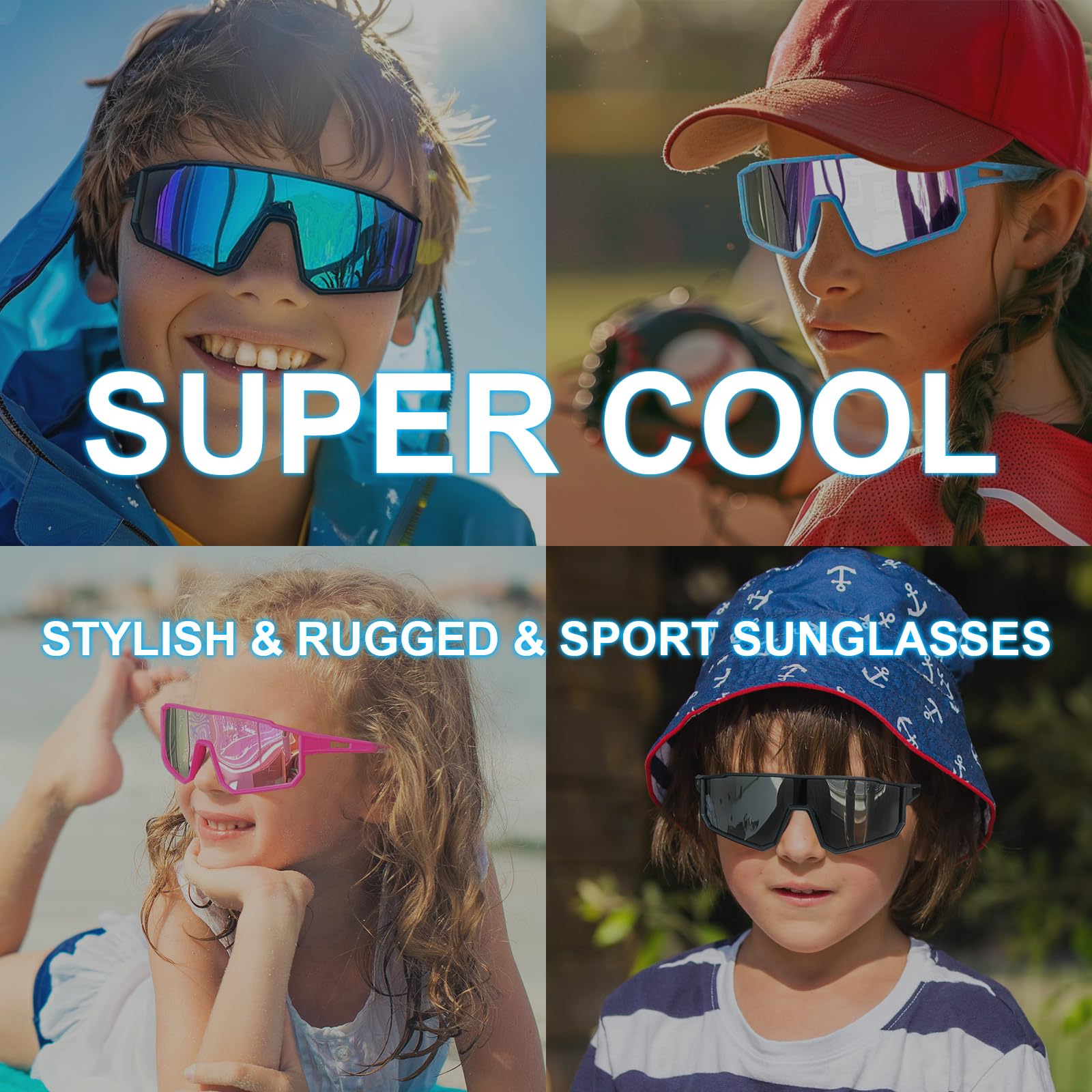 3PACK Kids Sunglasses for 6-14 Boys Girls, Youth Baseball and Cycling UV400 Protection Goggles
