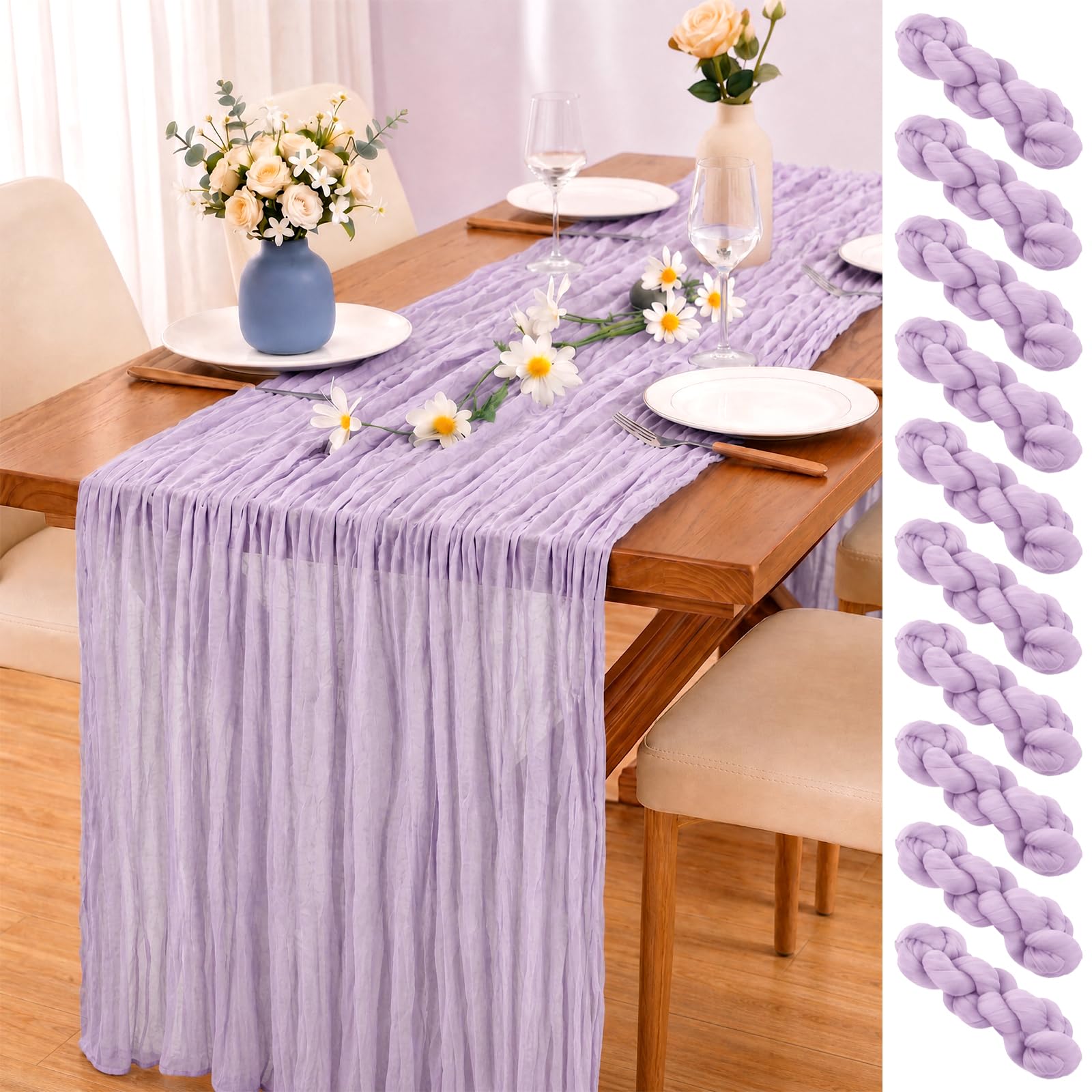 FXKS 10 Pack Lavender Cheesecloth Table Runners, 20x120 Inch