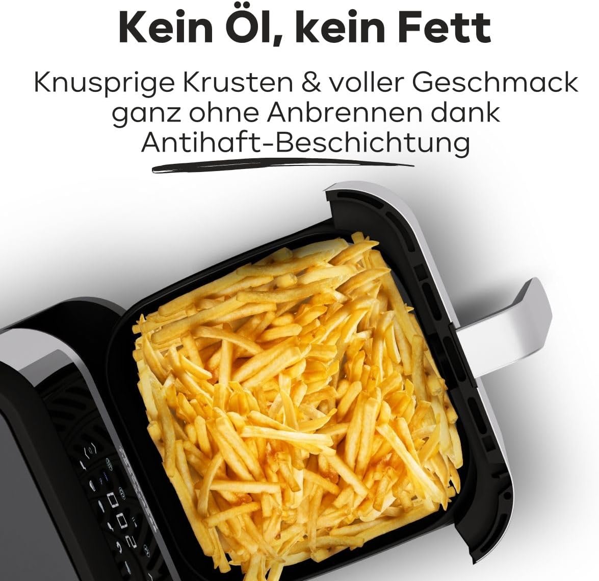 Air fryer basket filled with golden-brown french fries, illustrating oil-free cooking.